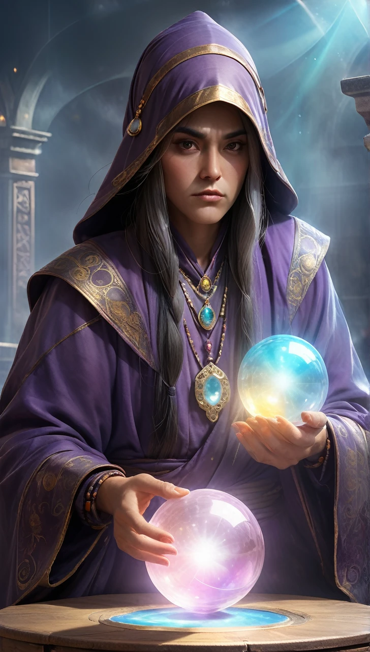 high resolution high quality Reality suspicious Giant fortune teller In front of a round crystal Intimidation Upper Body Looming metallic Transparency Facing forward suspicious雰囲気