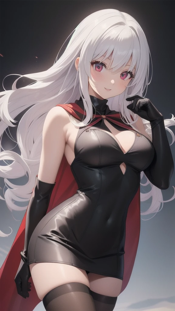 masterpiece, best quality, 1 solo girl, white hair, red eyes, long hair, medium breasts, sexy body and face, wavy hair, smile, parted lips, gradient clothes, dress, elbow gloves, sleeveless, bare shoulders, cape, boots, bracelet, sleeveless dress, ribbon, black gloves, turtleneck, short dress, pantyhose, black footwear, night, sexy pose, cowboy shots, detailed body, face, and eyes, sharp focus, vibrant, creative, dynamic, high definition, high resolution, 8k, (Upscale: R-ESRGAN 4x+ Anime6mage enchance:4x), voluptuous body, cinema lightning, dakimakura style, looking at the viewer,