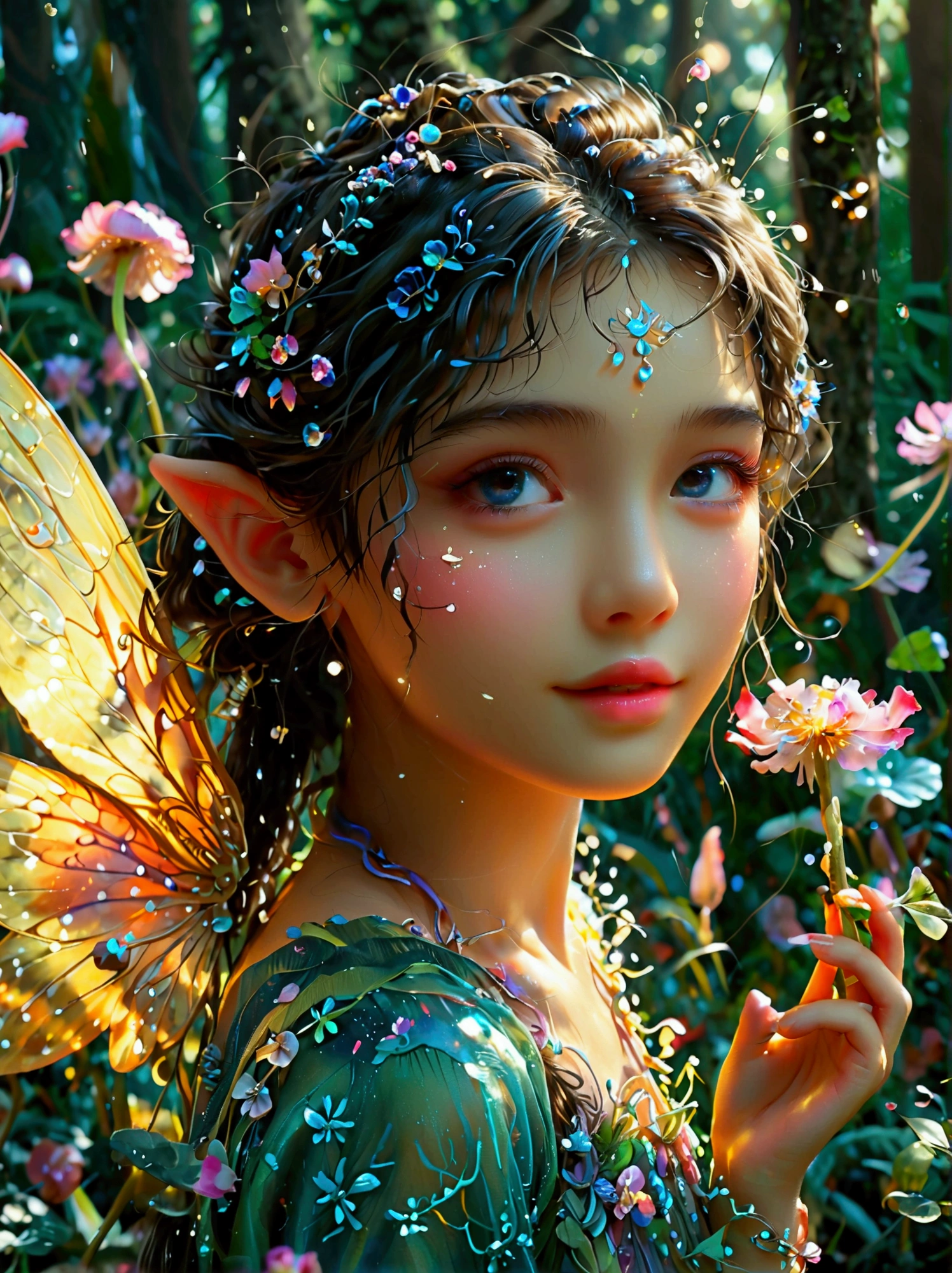 A fairy with typical characteristics like wings and a wand, She appears as a young girl with a glowing aura around her, denoting her magical abilities, She is South Asian in descent and has her hair tied back in a neat ponytail, Her facial expressions are vivid, seeming to tell a fascinating tale, She's situated in a magical forest with glowing flowers and iridescent mushrooms around, creating a fantastical and enchanting atmosphere, Tiny magical elements, like pixie dust, glows around her，(Both eyes look at you:1.5), ((Front view))，((front))