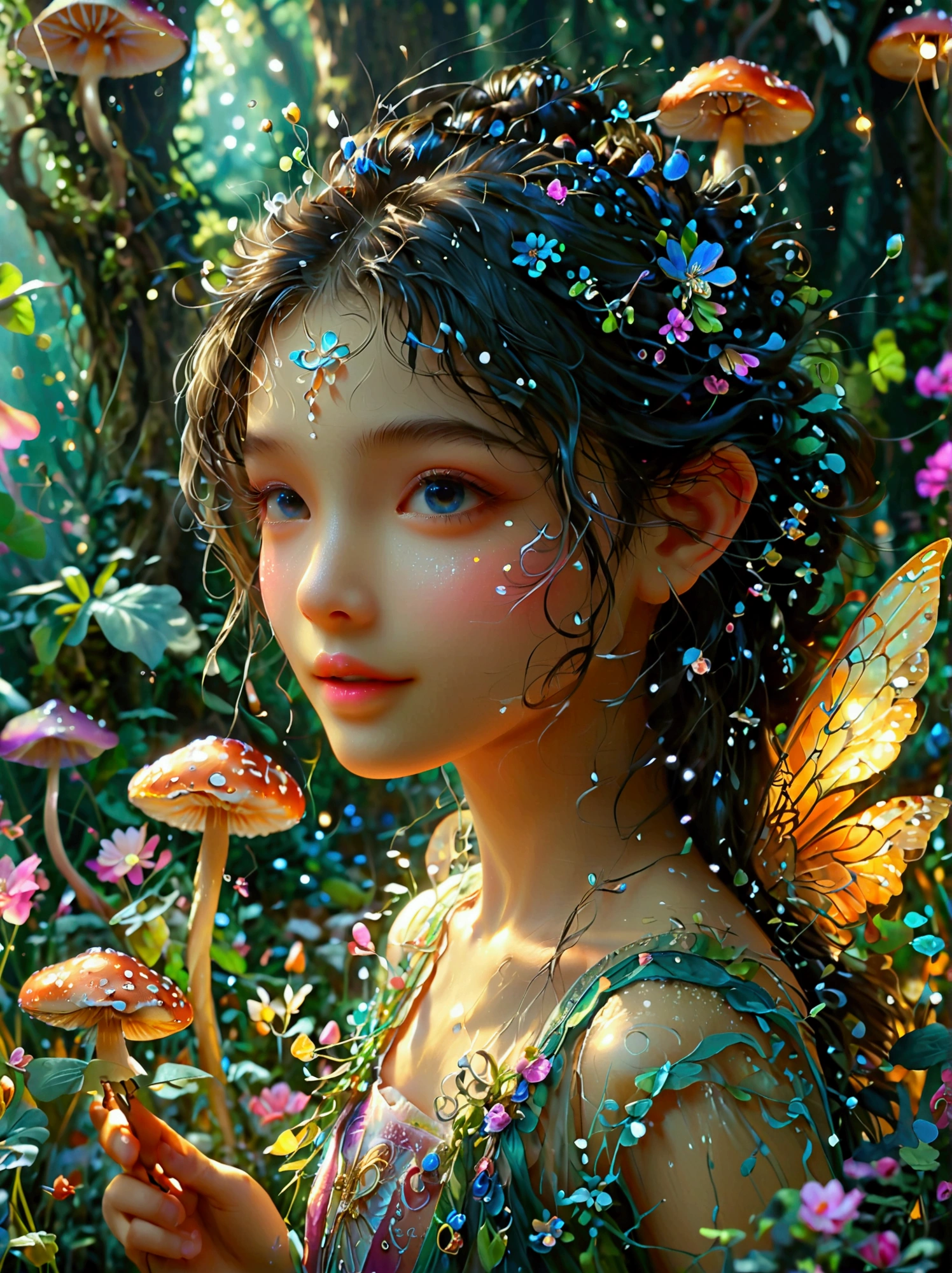 A fairy with typical characteristics like wings and a wand, She appears as a young girl with a glowing aura around her, denoting her magical abilities, She is South Asian in descent and has her hair tied back in a neat ponytail, Her facial expressions are vivid, seeming to tell a fascinating tale, She's situated in a magical forest with glowing flowers and iridescent mushrooms around, creating a fantastical and enchanting atmosphere, Tiny magical elements, like pixie dust, glows around her，(Both eyes look at you:1.5), ((Front view))，((front))