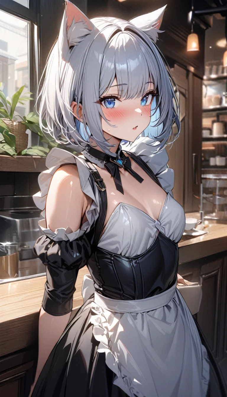 1girl、(((best quality)), ((masterpiece)), (details), masterpiece, best quality, high quality, ulutra detailed, perfect face, ((1girl, blue eyes, cat ears: 1.3 silver bob hair: 2.5,))、Shiny Hair、Glowing Skin、blush、Lustful look、Maid clothes、Inside the cafe、Small breasts