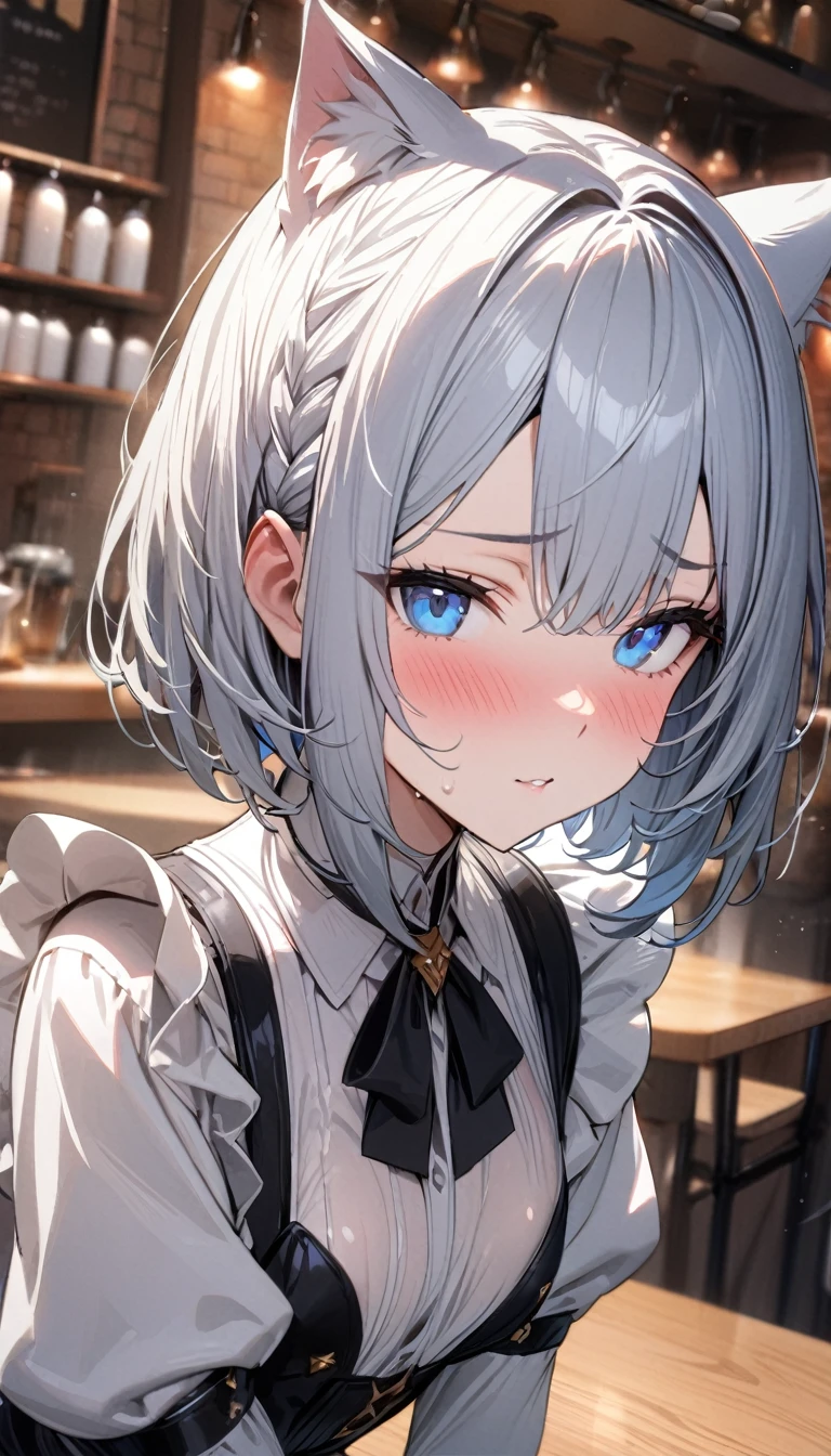 1girl、(((best quality)), ((masterpiece)), (details), masterpiece, best quality, high quality, ulutra detailed, perfect face, ((1girl, blue eyes, cat ears: 1.3 silver bob hair: 2.5,))、Shiny Hair、Glowing Skin、blush、Lustful look、Maid clothes、Inside the cafe、Small breasts