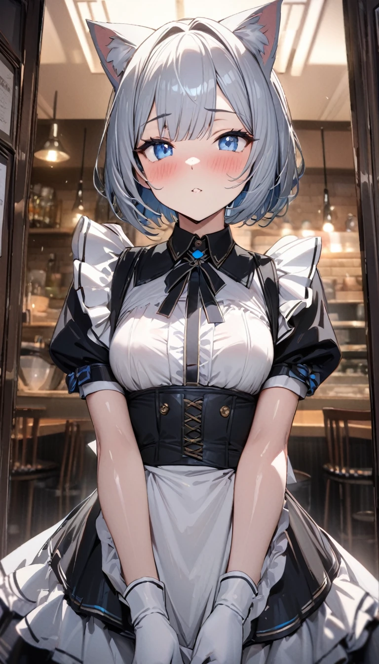 1girl、(((best quality)), ((masterpiece)), (details), masterpiece, best quality, high quality, ulutra detailed, perfect face, ((1girl, blue eyes, cat ears: 1.3 silver bob hair: 2.5,))、Shiny Hair、Glowing Skin、blush、Lustful look、Maid clothes、Inside the cafe、Small breasts