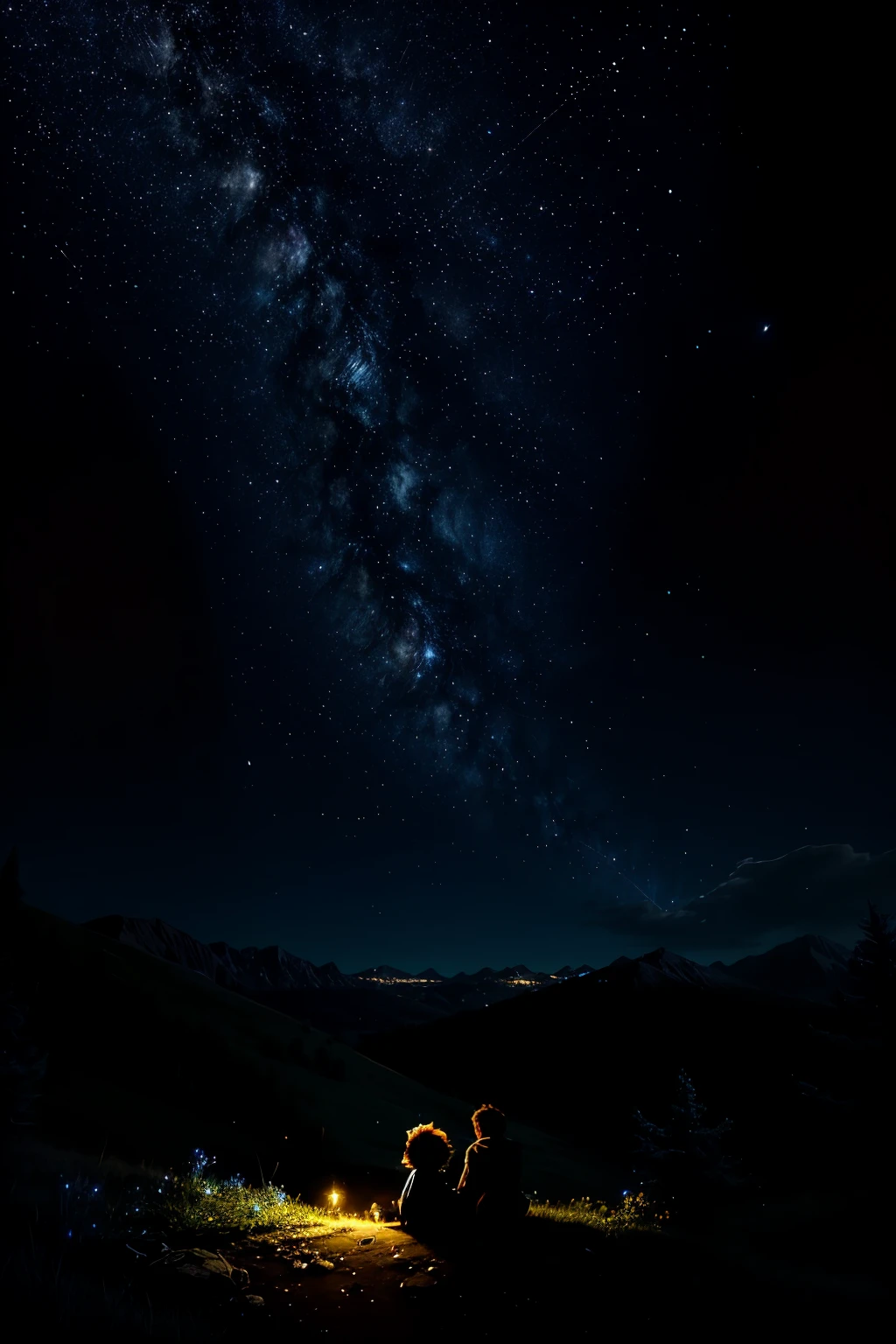 Create an ultra-high definition, 8K quality image of a breathtaking night sky, filled with a mesmerizing group of shooting stars. The canvas is a deep, velvety cerulean, punctuated by countless, twinkling stars. Multiple shooting stars streak across the sky, their trails leaving shimmering lines of light, reflecting hues of silver and gold.

In the foreground, two children, around 6-7 years old, sit enchanted on a lush, green hillside. Their silhouettes are softly illuminated by the starlight as they gaze up at the sky, expressions of awe and wonder etched on their young faces. The boy
