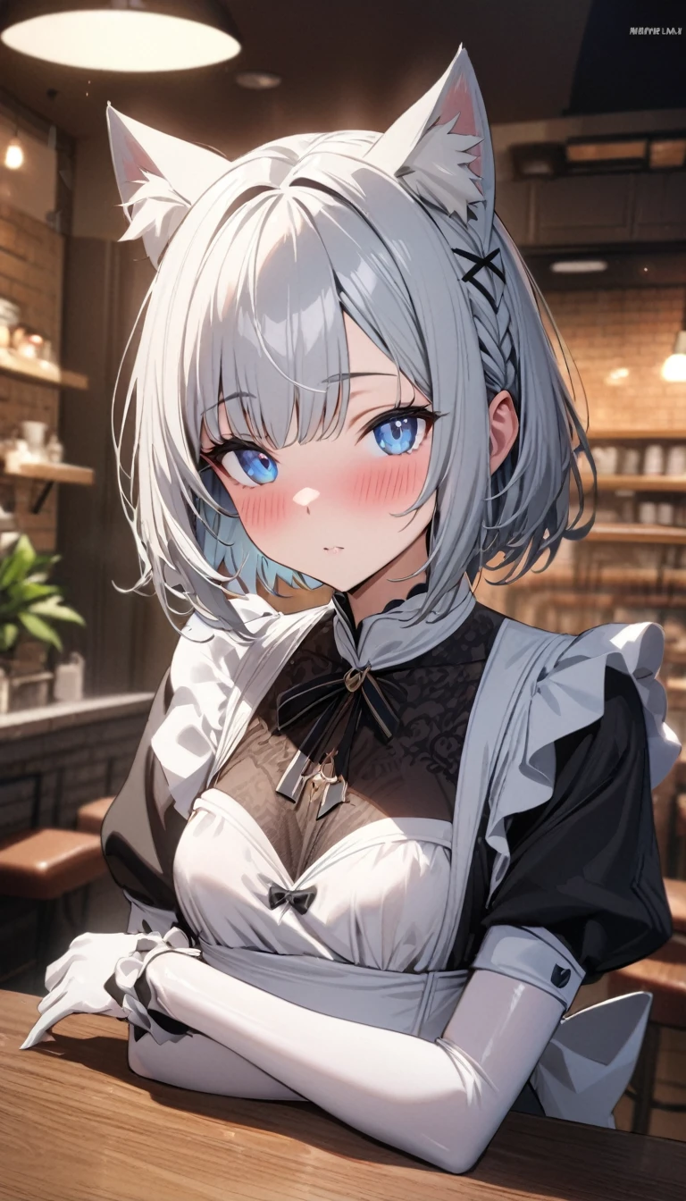 1girl、(((best quality)), ((masterpiece)), (details), masterpiece, best quality, high quality, ulutra detailed, perfect face, ((1girl, blue eyes, cat ears: 1.3 silver bob hair: 2.5,))、Shiny Hair、Glowing Skin、blush、Lustful look、Maid clothes、Inside the cafe、Small breasts