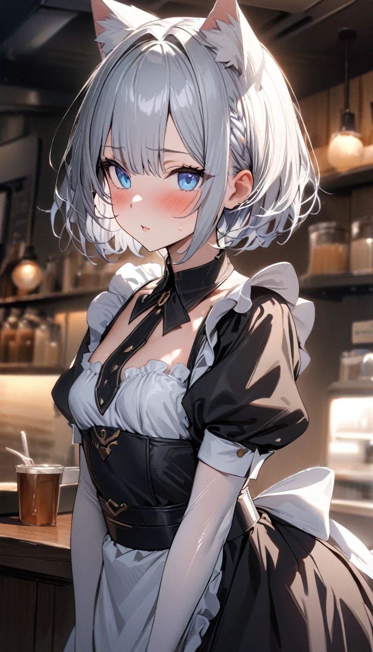 1girl、(((best quality)), ((masterpiece)), (details), masterpiece, best quality, high quality, ulutra detailed, perfect face, ((1girl, blue eyes, cat ears: 1.3 silver bob hair: 2.5,))、Shiny Hair、Glowing Skin、blush、Lustful look、Maid clothes、Inside the cafe、Small breasts