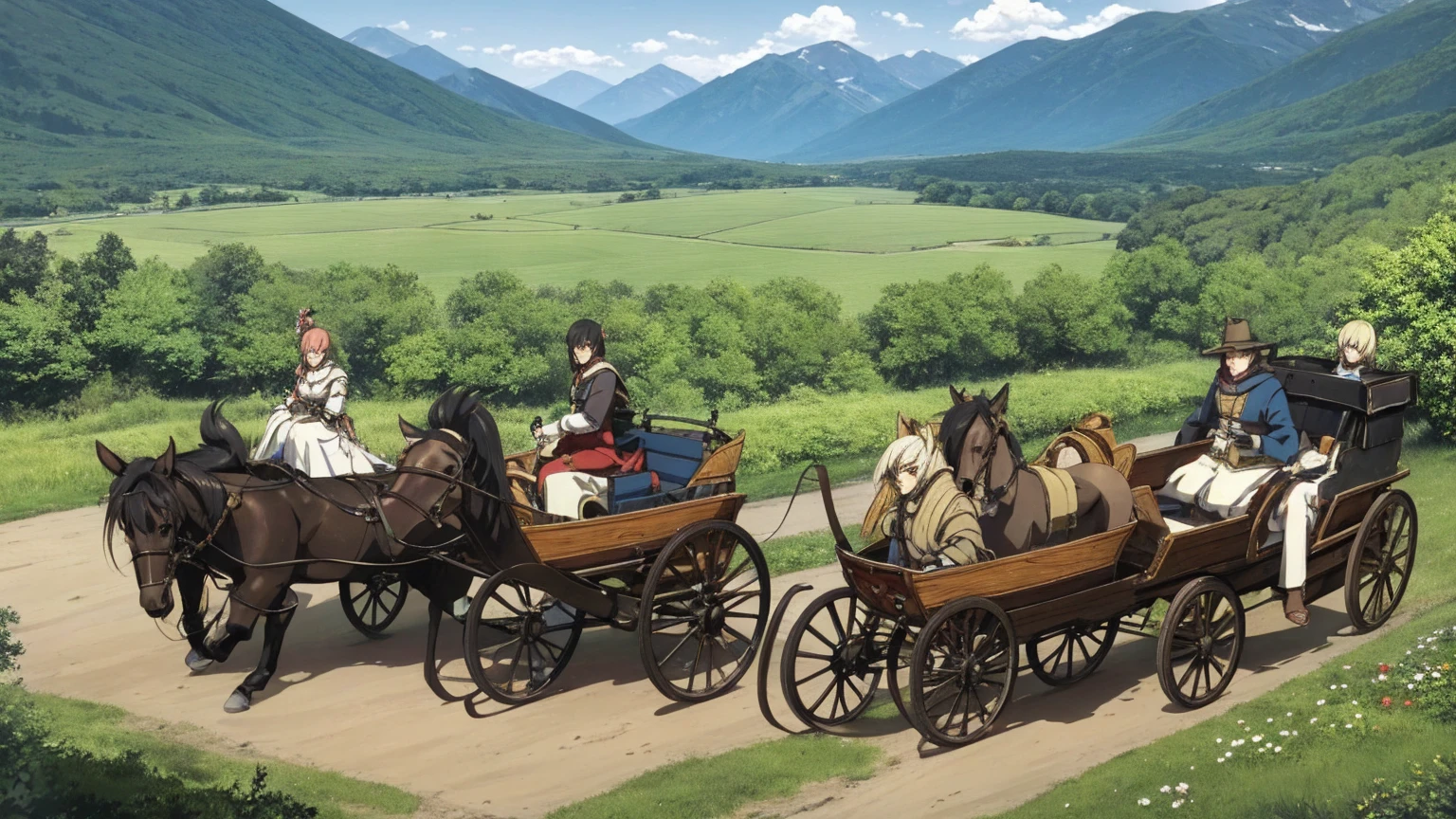 A 16:9 anime-style illustration depicting a male and female adventurer traveling in a horse-drawn carriage. The adventurers are dressed in fantasy attire, including cloaks and light armor. They are sitting in the carriage, surrounded by supplies and equipment for their journey. The carriage is traveling along a dirt road through a lush landscape, with green fields, wildflowers, and distant mountains. The sky is clear with a few fluffy clouds, creating a sense of adventure and exploration.