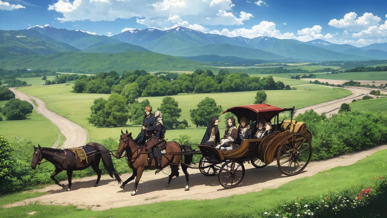 A 16:9 anime-style illustration depicting a male and female adventurer traveling in a horse-drawn carriage. The adventurers are dressed in fantasy attire, including cloaks and light armor. They are sitting in the carriage, surrounded by supplies and equipment for their journey. The carriage is traveling along a dirt road through a lush landscape, with green fields, wildflowers, and distant mountains. The sky is clear with a few fluffy clouds, creating a sense of adventure and exploration.