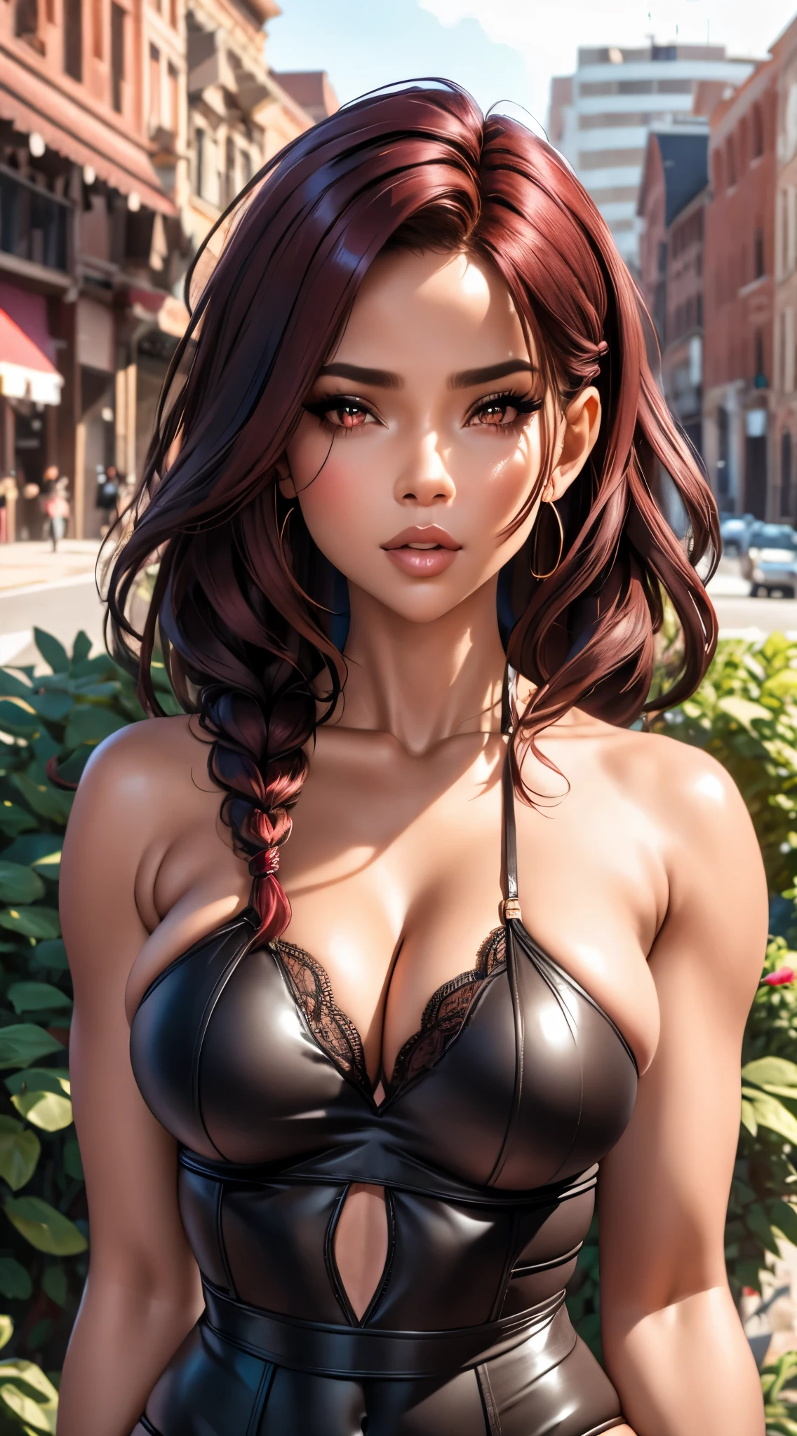 burgundy hair, brown skin, intricate laced lingerie, detailed gorgeous face, beautiful mature aboriginal girl, long braided burgundy hair, large_breast, toned stomach, ample hips, mesmerizing accentuated detailed big booty, showing midriff, (photorealistic, photorealism), (8k, RAW photo, highest quality, masterpiece, ultra-high resolution, physically-based rendering), 