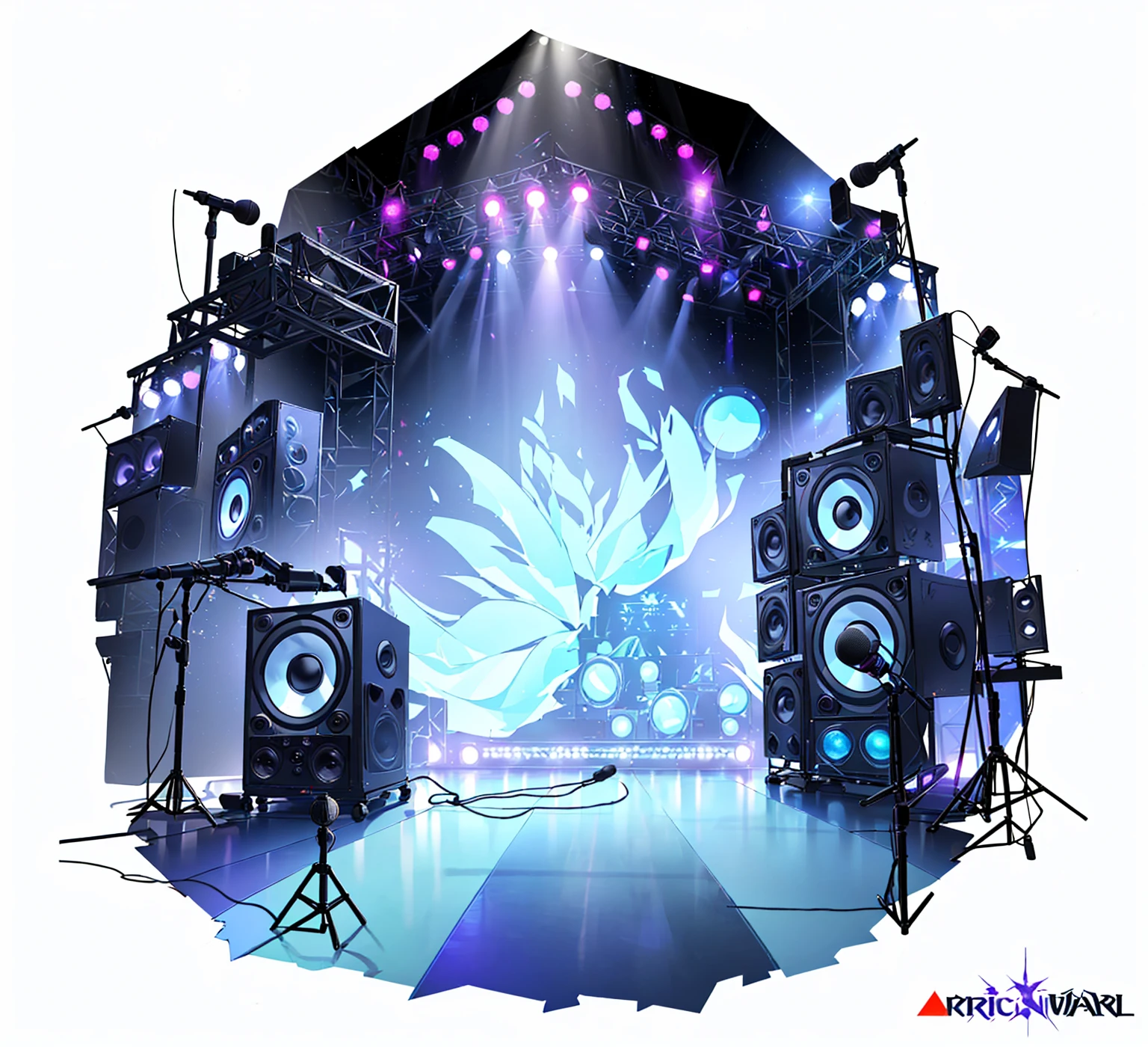 There are many speakers and microphones arranged in a circle,There is another lamp, elaborate stage effects, stage background, music show, Nightclub Background, stage at a club, dance music show, Magic music, dj rave , stage, dj set, dj, Virtual Scene, on rock concert stage, Technology , Airbrush Fantasy 80s, Wonderful technology , Carnival Background