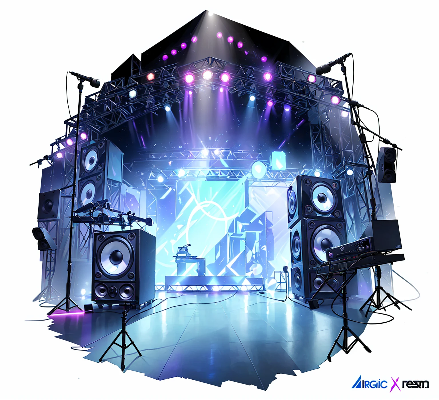 There are many speakers and microphones arranged in a circle，There is another lamp, elaborate stage effects, stage background, music show, Nightclub Background, stage at a club, dance music show, Magic music, dj rave , stage, dj set, dj, Virtual Scene, on rock concert stage, Technology , Airbrush Fantasy 80s, Wonderful technology , Carnival Background