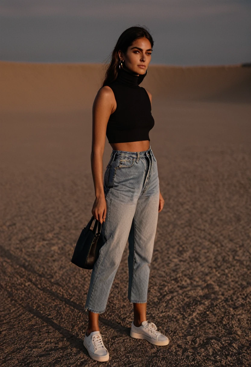 color digital photograph of Bruna Costa a woman from brazil wearing (minimalist woman), (a black turtleneck), (straight-leg jeans), (white sneakers), (black tote bag), (gold hoop earrings), (natural makeup), (sleek hairstyle). and Espadrilles shot on Hasselblad 500C Camera by Giles Duley, 26 years old, Natural Black Beehive hair, blue eyes eyes, (Muscular, Toned, Powerful), promoting body positivity, small breasts, feeling Grateful, sunrise,full body, masterpiece, natural lighting, (outdoor setting:1.2), warm tones, side lighting, natural skin details, 4k, UHD, masterpiece, detailed eyes, detailed face, detailed skin, perfect hands, perfect feets, photo, high skin detail, moles, imperfect skin, ultra realism, RAW photo, subsurface scattering