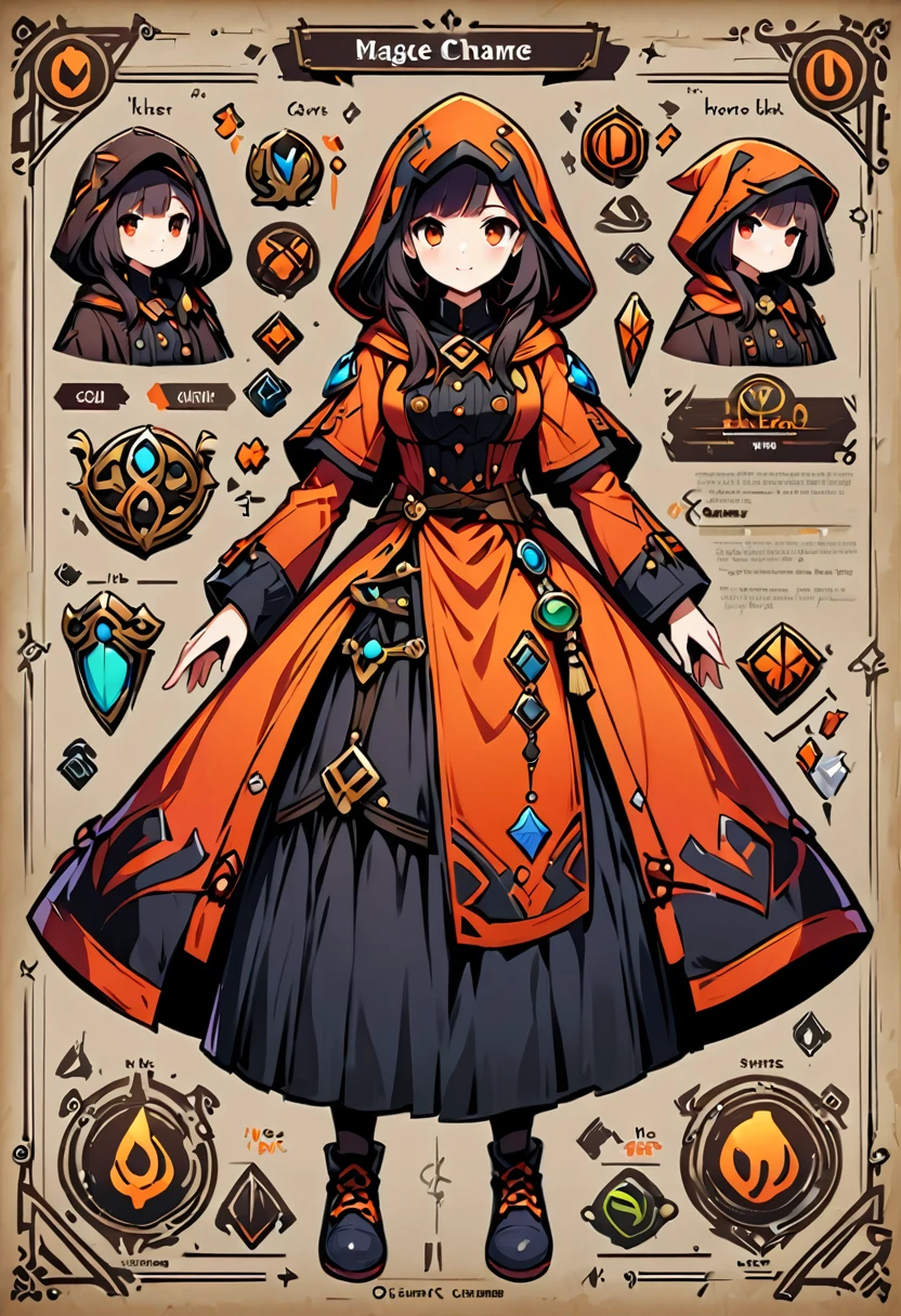 Framed Presentation of a mage, woman character design sheet for a video game with detailed accessories, shoes, weapons, and dresses of different colors, buttons to customize the character to your liking