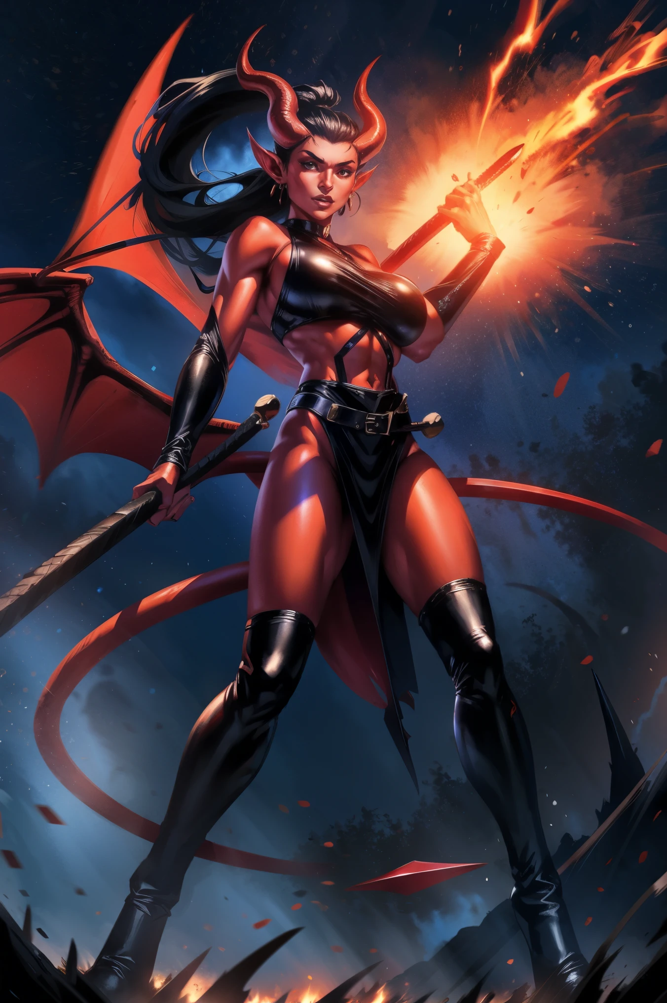 Red skin succubus tiefling, digitigrade legs, full breasts, medium breasts, black horns, wings, huge tail, black leather, crop top, long flowing pelvic curtain, tall, toned, graceful, thin, long black ponytail. Action scene, whip. Dark scene, explosions, night sky.