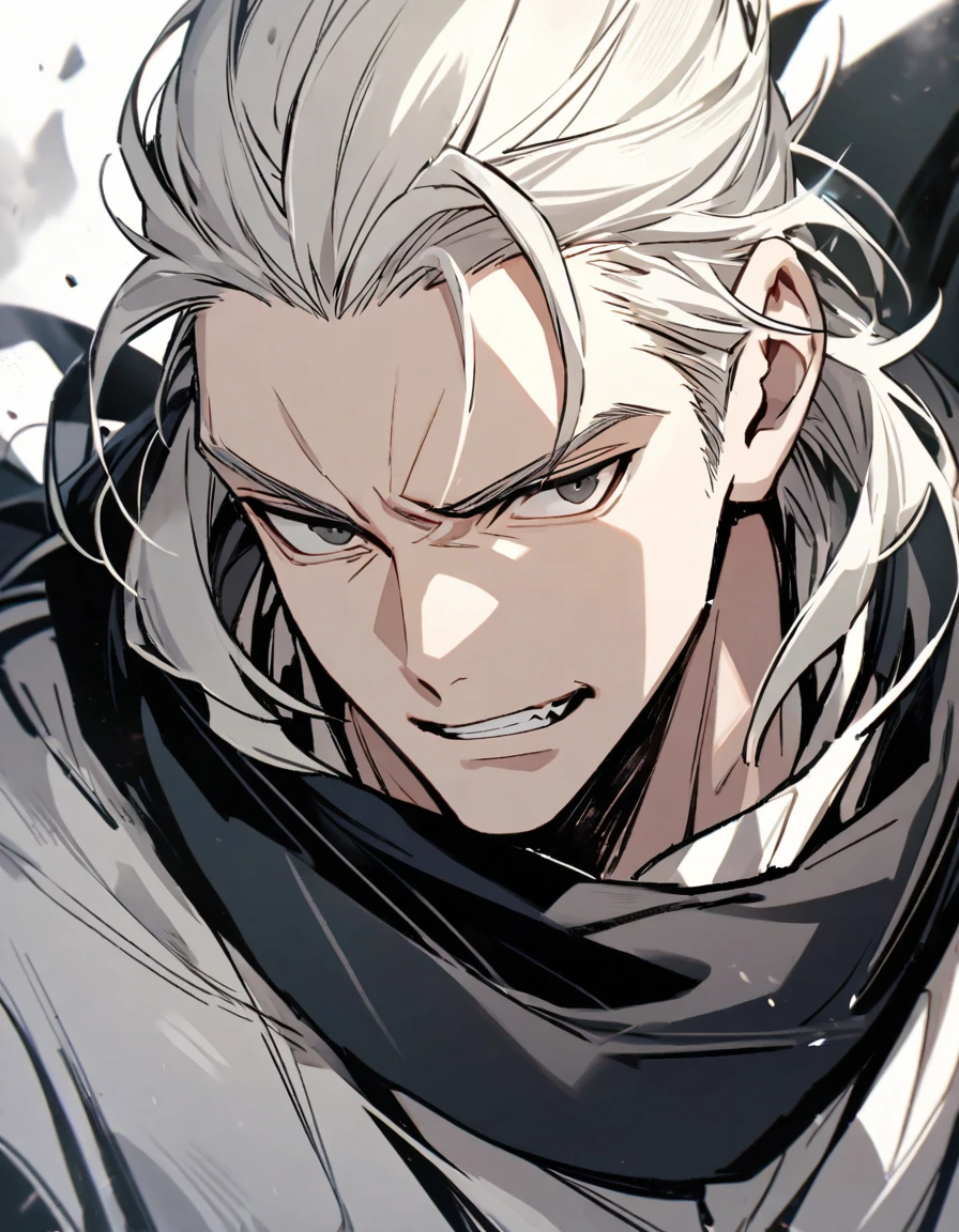 male, late 30s, white hair, medium length, middle-part slicked back hair, closed black eyes, slightly thick mustache, white coloured, aquiline and hooked nose, slightly underbite, chiseled, slightly long face, fearless expression, white gown, black scarf
