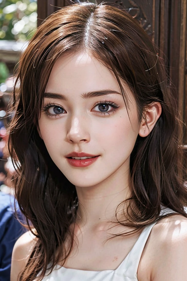 (Preserve face images), pale face:1.3、Super thin face:1.3, (very big eyes:1.5)、 (blown eyes:1.5), master piece、Realistic、8K, {highest quality}, {{masterpiece}}, {very delicate and beautiful}, outstanding light and shadow, highly detailed wallpaper, clear and bright 、(Fluttering polka dot dress ), Toothless smile:1,5),  Drinking coffee in a cafe in Shibuya：1.3