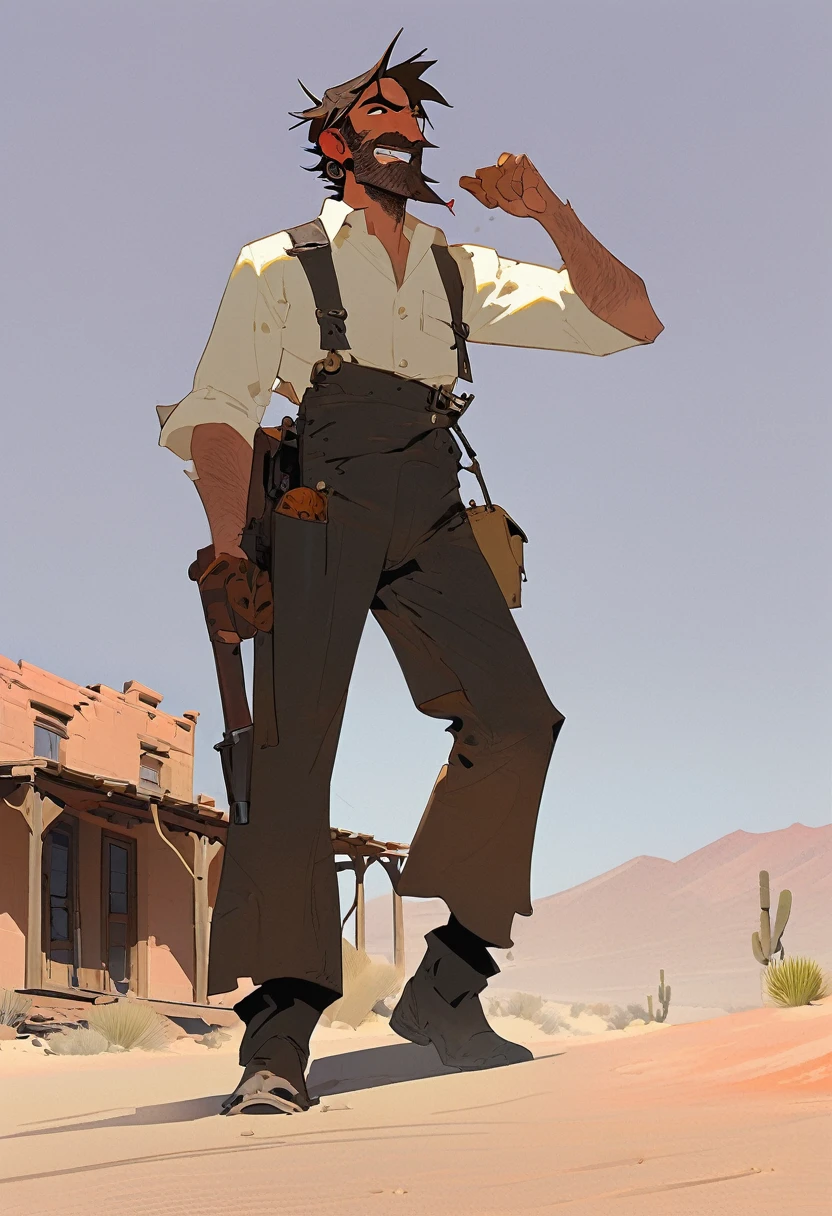 score_9, score_8_up, score_7_up, score_6_up, score_5_up, score_4_up, 1man, Western, Desert, red sun, scorching sun, arid, Horizon, far away, Wild West, red dead Redemption, cartoon art style, black wavy Messy hair, burnt hair, Leather apron, White button-down shirt, black pants patched, Failed beard, young adult, Thin, full body, Holding a Dynamite bomb, outside a house in the desert, Dirty with soot, Laughing, explosives, dynamite, Hunchback, Poorly groomed beard, failed beard, Having fun, crazy, Guffaw