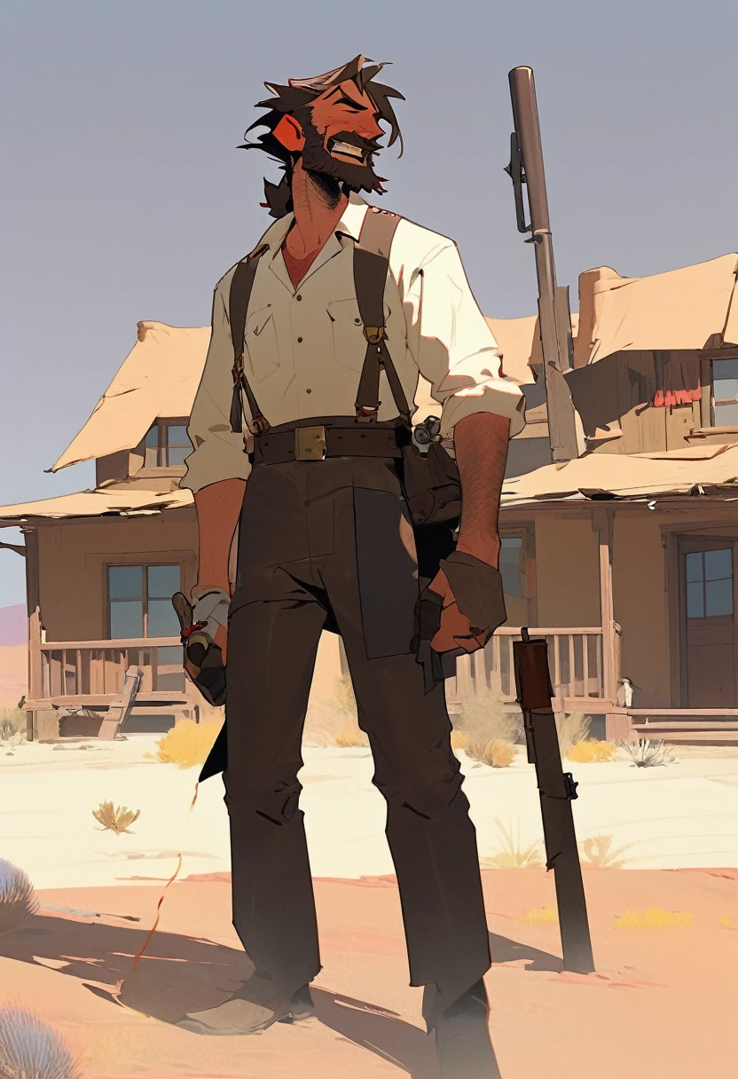 score_9, score_8_up, score_7_up, score_6_up, score_5_up, score_4_up, 1man, Western, Desert, red sun, scorching sun, arid, Horizon, far away, Wild West, red dead Redemption, cartoon art style, black wavy Messy hair, burnt hair, Leather apron, White button-down shirt, black pants patched, Failed beard, young adult, Thin, full body, Holding a Dynamite bomb, outside a house in the desert, Dirty with soot, Laughing, explosives, dynamite, Hunchback, Poorly groomed beard, failed beard, Having fun, crazy, Guffaw 