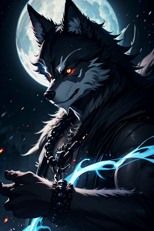 werewolf wolf, feroz, rage, The eyes burn with fire, negro, rosary in claws,time,
ultrarealism, overdetailing, The wool texture is detailed, cinematographic, The correct composition, A closeup of a, wide shoulders, SMILE, a starry sky, officer, Masterpiece, magnificence