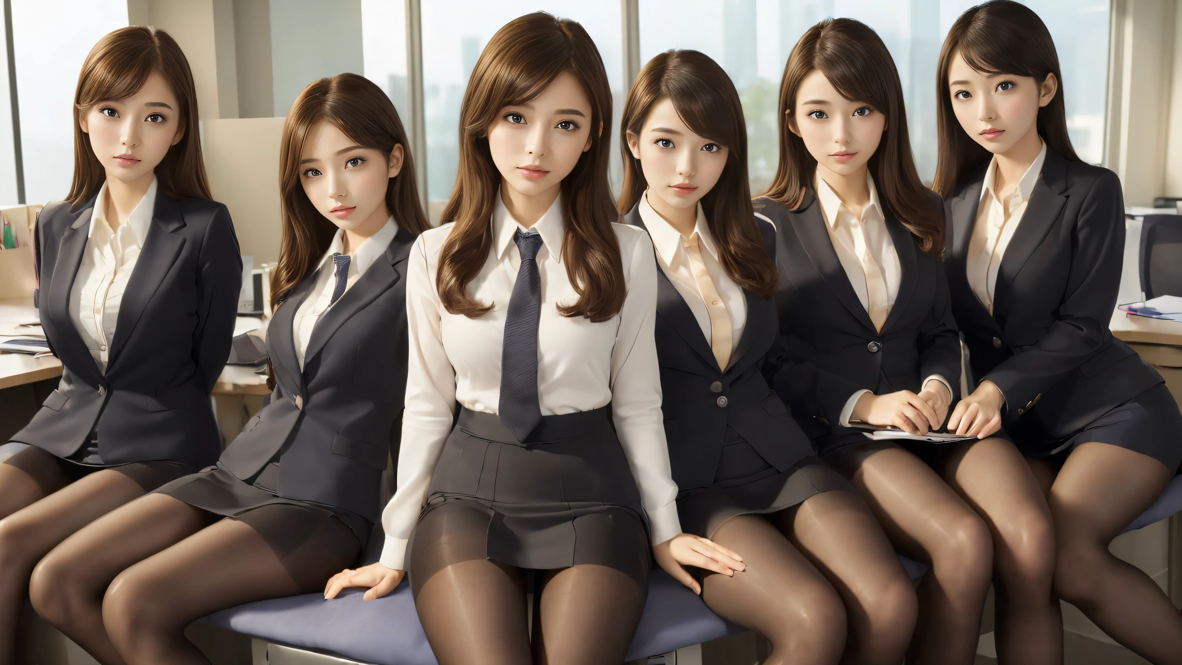 (best quality, masterpiece:1.5), (ultra-detailed, realistic:1.37),4K,(5girls:1.5),japanese,cute,beautiful,(office suits :1.3),(skirt ),(black pantyhose:1.2),(group photo.1.2),(directly below.1.2),lie down,