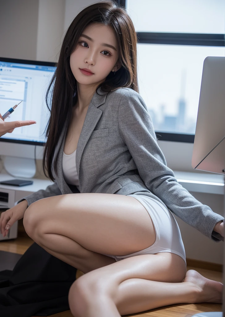 the prettiest face of a 24 year old actress, perfect propotions of a female body, blazer is worn on shirt, opened two pairs of labia, hands are off vagina above anus between opened legs, female pubic hair, sitting on a desk chair in office, nsfw, best quality, highly detailed, masterpiece, ultra high res, photo realistic, 8k