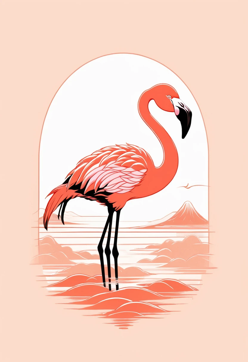 vintage t-shirt, salmon-toned colors, a flamingo extravaganza, simple lines, minimalist t-shirt design, T-shirtDesignAF, I want to follow, detailed storybook illustration, Luminism