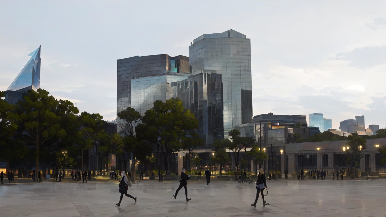 people walking through a square with some buildings in the background, capital square, epic buildings in the center, Round buildings in the background, In Chuquicamata, tall buildings in the background, modern buildings, clean and dense buildings, surrounding the city, with tall glass skyscrapers, City square, with shiny glass buildings, plaza, anime. version anime