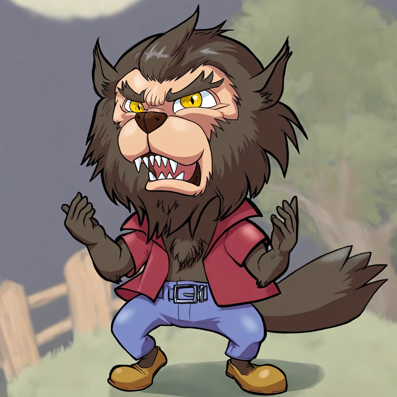 cartoon illustration of a werewolf with a red shirt and blue jeans, angry high moral sexy werewolf, werewolf man, werewolf?, werewolf, muscular werewolf, big bad wolf, werewolf”, an anthropomorphic wolf, anthropomorphic wolf, an anthro wolf, transforming into werewolf, inspired by Samuel Hieronymus Grimm, portrait of a werewolf, scary angry pose