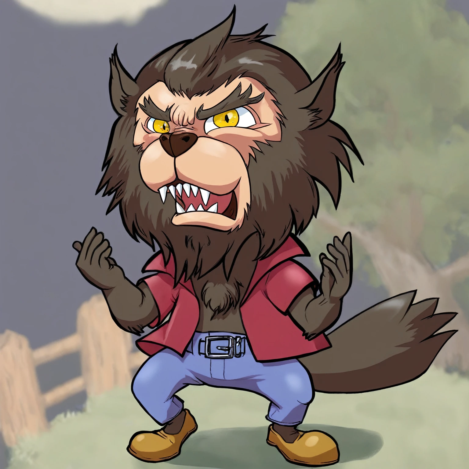 cartoon illustration of a werewolf with a red shirt and blue jeans, angry high moral sexy werewolf, werewolf man, werewolf?, werewolf, muscular werewolf, big bad wolf, werewolf”, an anthropomorphic wolf, anthropomorphic wolf, an anthro wolf, transforming into werewolf, inspired by Samuel Hieronymus Grimm, portrait of a werewolf, scary angry pose