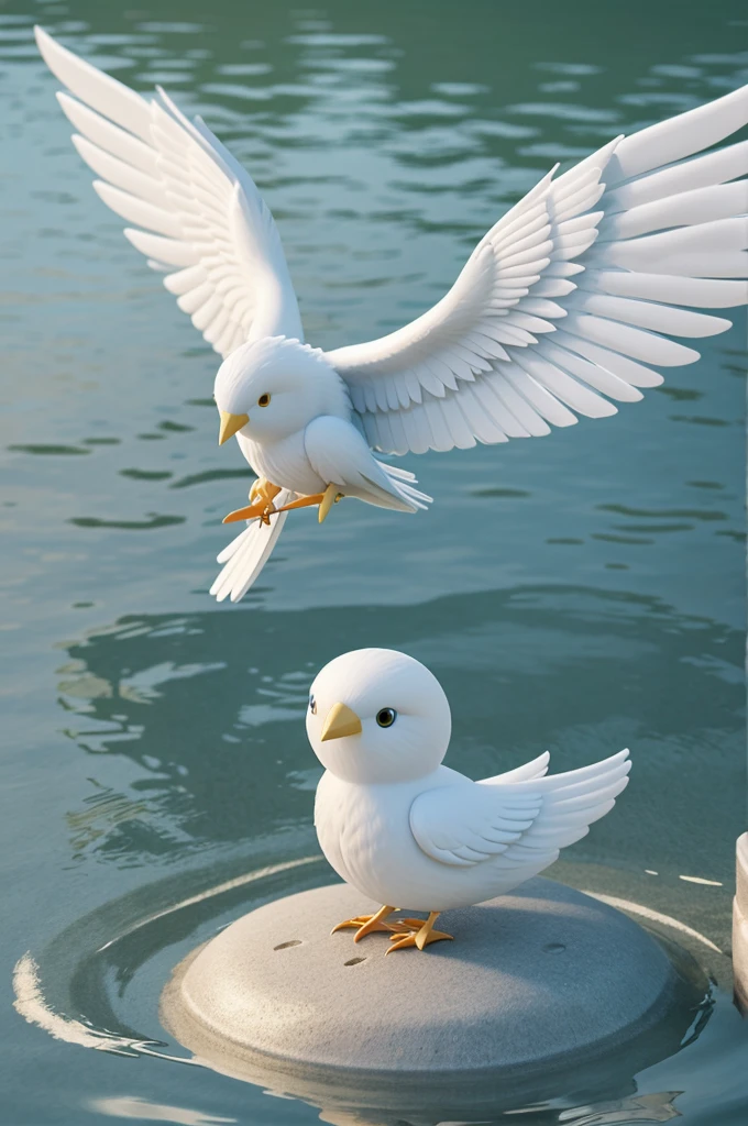 an image of a white bird with wings and a halo floating in the water, cute 3 d render, angelical, cute character, angel, angel girl, possibly an angel, an angel, water fairy, lovely and cute, angelic purity, angelic, angel themed, biblically acurate angel, one angel, by Marie Angel, biblically accurate angel, cute cartoon character, mechanical cute bird, character is flying, cute!