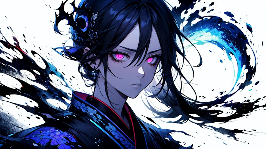 "A dark, intense scene featuring a fierce warrior with long white hair and glowing eyes, wielding a katana. The warrior is dressed in a traditional samurai outfit, with flowing robes that seem to blend with the shadows. Behind the warrior, a menacing spirit with glowing eyes looms, adding an ethereal and haunting atmosphere. The background is filled with dark, swirling smoke and faint glimmers of light, creating a mystical and otherworldly setting."