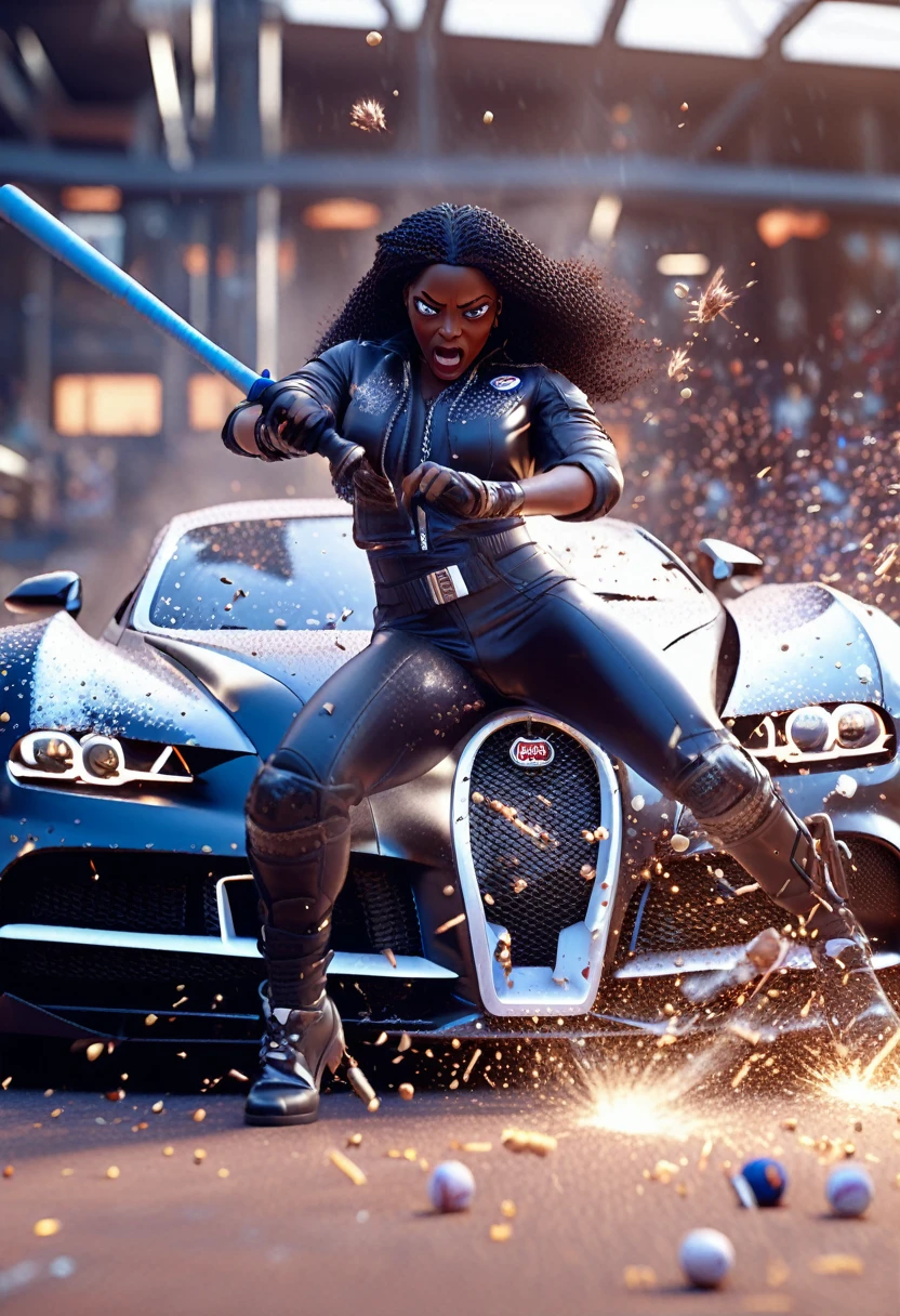 Angry black woman smashing a bugatti with a baseball bat, glass particles dispersed, angry, 32k, ultra HD, unreal engine rendered, cinematic lighting 