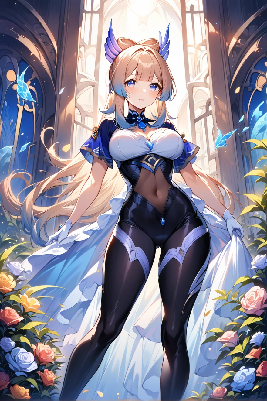 official art, masterpiece, sharp focus, (beautiful gorgeous cute woman:1.3), (beautiful cute:1.3) beauty, Delicate and beautiful hair and eyes and face, realistic, ultra detailed, beautiful girl, glow white particle, (sidelighting:1.2), slender, Lovely, (massive gigantic breasts:1.2), ((pink areolas)) (underboob), (sideboob), and very large hips, smile with teeth, ((smile with eyes, open both eyes)), posing inside a church, long straight blonde hair, sexy facial expression, dynamic hair, glow blue eyes, (wearing tiny micro undersized tight (transparent) insufficient barely covering white bride lingerie), ((functionality nude)), open legs, ((cameltoe)), white long socks, pale skin, hair ornament,