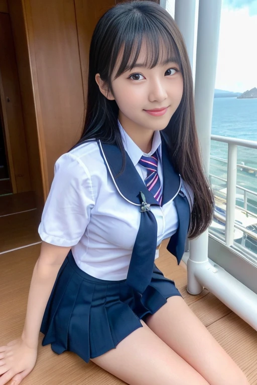 foreshortening,(realistic:1.5),(((masterpiece:1.2))), accurate, retina, anatomically correct, textured skin, ((super detail:1.2)), high quality:1.2, high details, ((best quality:1.2)), highres:1.2, 8k,(Detailed very beautiful face:1.4),(Very beautiful eye for detail:1.4),(Super detailed beautiful face:1.4,body:1.4,finger:1.4),gleam in one's eye:1.3,Japanese idol,one girl,Naturally breasts,smile,drooping eyes,(((ano chan))),Super long black hair,cosplay style,School Uniforms,,outdoor,Inside the Ferris wheel,Observatory with a view of the sea,aquarium,resort (spot),Deck of a luxury liner,(Super detailed ,Beautiful Backgrounds,School Uniforms:1.5,ミニスカート,カラーデザイン,,natural make-up,online shopping,LUMINE® Market,ano chan),upper body,pussy line:1.3,Front view:1.6, from below,nsfw,pov,embarrassment:1.3,sit,show panties:1.5,Skirts that soar in the wind:1.6,cowboy position,cowboy shot,Head-on,crouch,half face