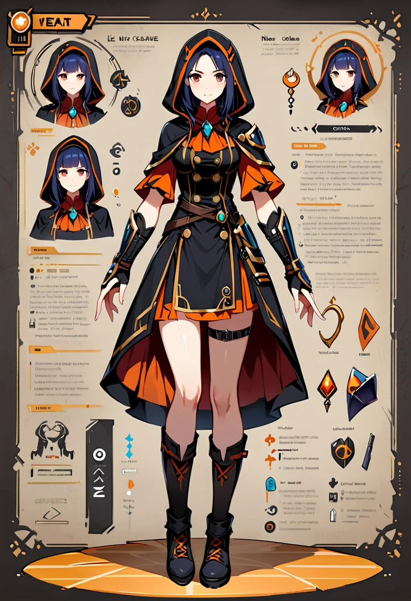 Framed Presentation of a mage, woman character design sheet for a video game with detailed accessories, shoes, weapons, and dresses of different colors, buttons to customize the character to your liking