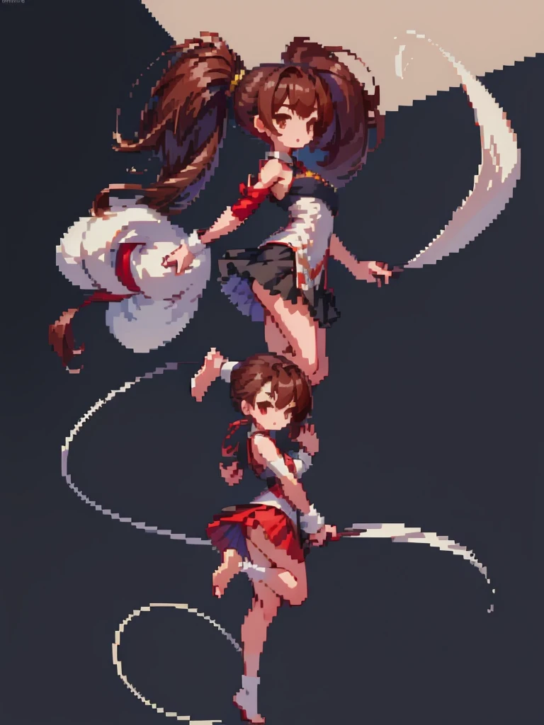 masterpiece, Highest quality, 8K, Pixel Art, ((One woman)), whole body, fine, fineな顔, {{China dress, red, Beautiful embroidery, mini, Tai Chi Pattern}}Chinese clothing, Brown Hair, Ring-shaped hair, Twin tails, Kicking:1.3, Roundhouse kick, {Circular kick, The toes point towards the ceiling}, legs raised high, kick trajectory, effect, 炎のeffect, 派手なeffect