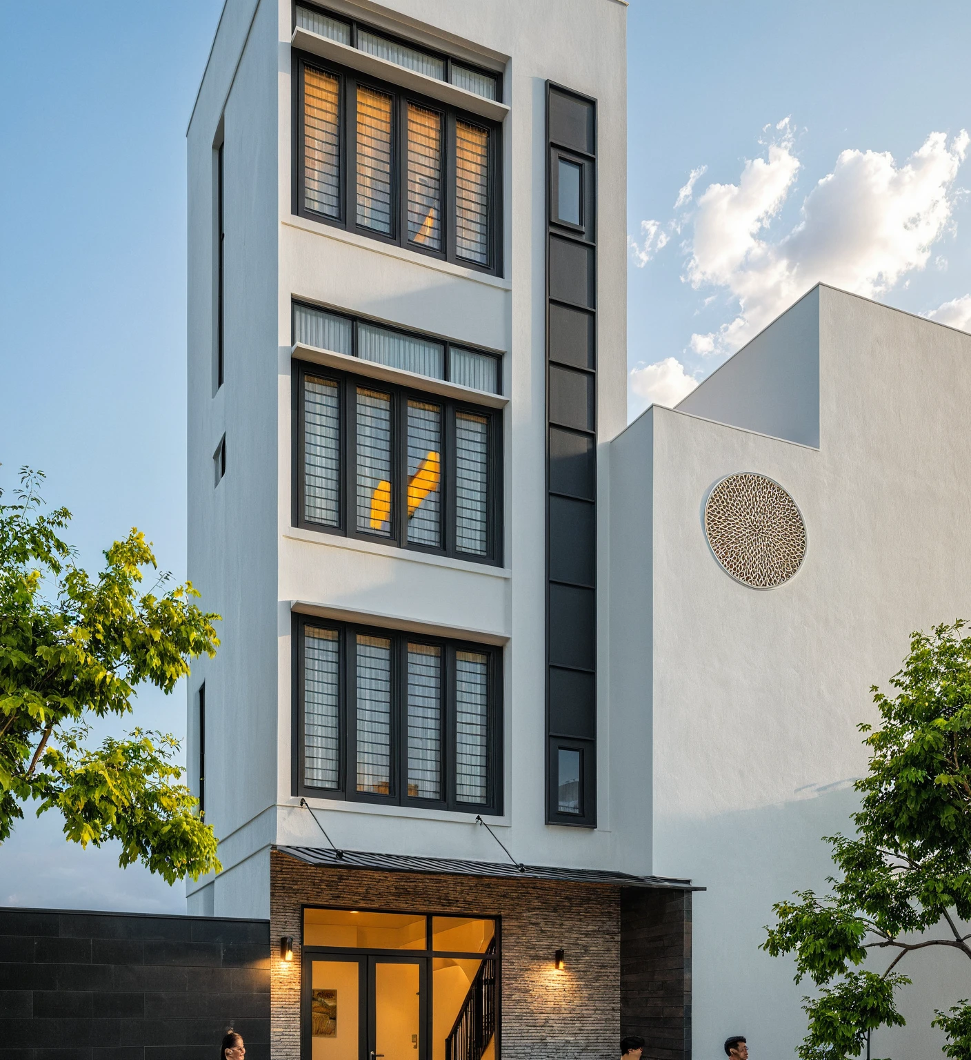Masterpiece, high quality, best quality, authentic, super detailed, outdoor, aiaigroup, modern 2-storey townhouse style, stairs, white walls combined with conwood, wind encaustic tiles, iron gate, ceiling conwood, flowers, path, summer evening, grass, trees, sky, clouds, (daylight: 1.1)