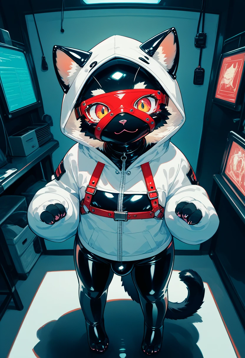 Highest quality, Highest quality, High quality illustrations, masterpiece, Ultra-high resolution, Detailed Background, room, Absurd, Perfect Anatomy, performance, Good lighting, Shadows in the movies(kemono, Furry PersonifiCation), Cat, Black Skin, Rubber suit, Rubber suit, latex, neon, neonライト, neonカラー,  White rubber hoodie, Rubber mask, Red harness, juvenile, null bulge, From above