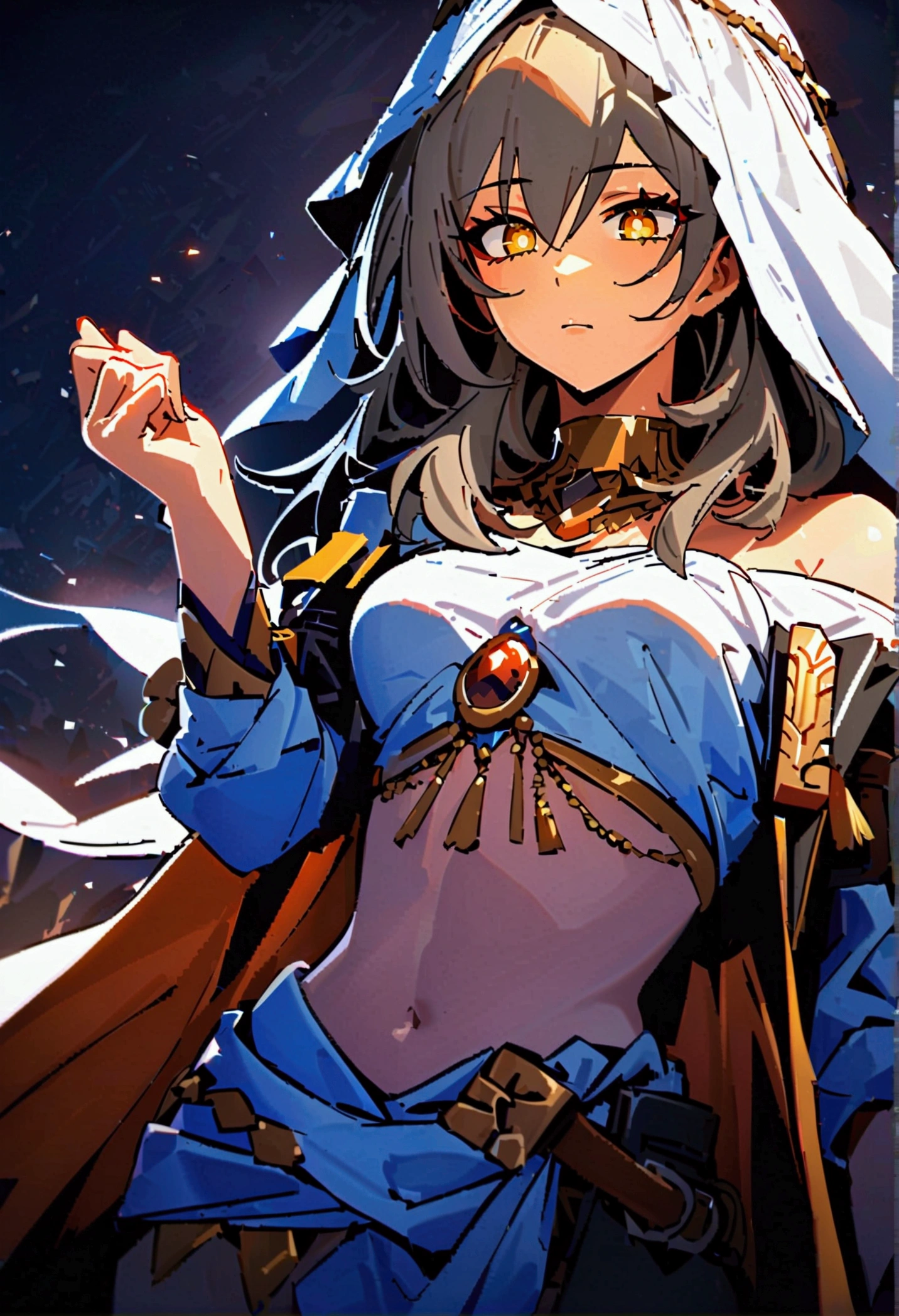 1girl, solo, stelle (honkai: star rail), upper body, looking down, eyeliner, solid ees, sharp eyes, herat-shaped pupils, emotionless, disgusted face, disgusted eyes, very long hair, belly dancer outfit, turban, brancer, brooch, neck ring, circlet, bridal gautles, (crop top), veil, mouth veil, pelvic curtain, stomach, sash, thighlet, dancer, black background, perfect face, perfect hands, perfect fingers, non human fingers, perfect design, perfect detailed eyes, beautiful detailed eyes, top quality, best quality, masterpiece, detailed outfit, super detailed, ultra detailed, highly detailed, cinematic lighting, perfect anatomy, CG:1.9, ultra detailed:1.9, ultra-detailed:1.9, high resolution:1.9, high res:1.9, absurdres:1.9, masterpiece:2, high quality:2, best quality:2, (ultra-detailed), (illustration), (disheveled hair), (beautiful detailed eyes), beautiful, amazing, detailed eyes, (masterpiece), best quality, ((ultra-detailed)), ((an extremely detailed and delicate)), (8k cg wallpaper), (stunning art), ((illustration))