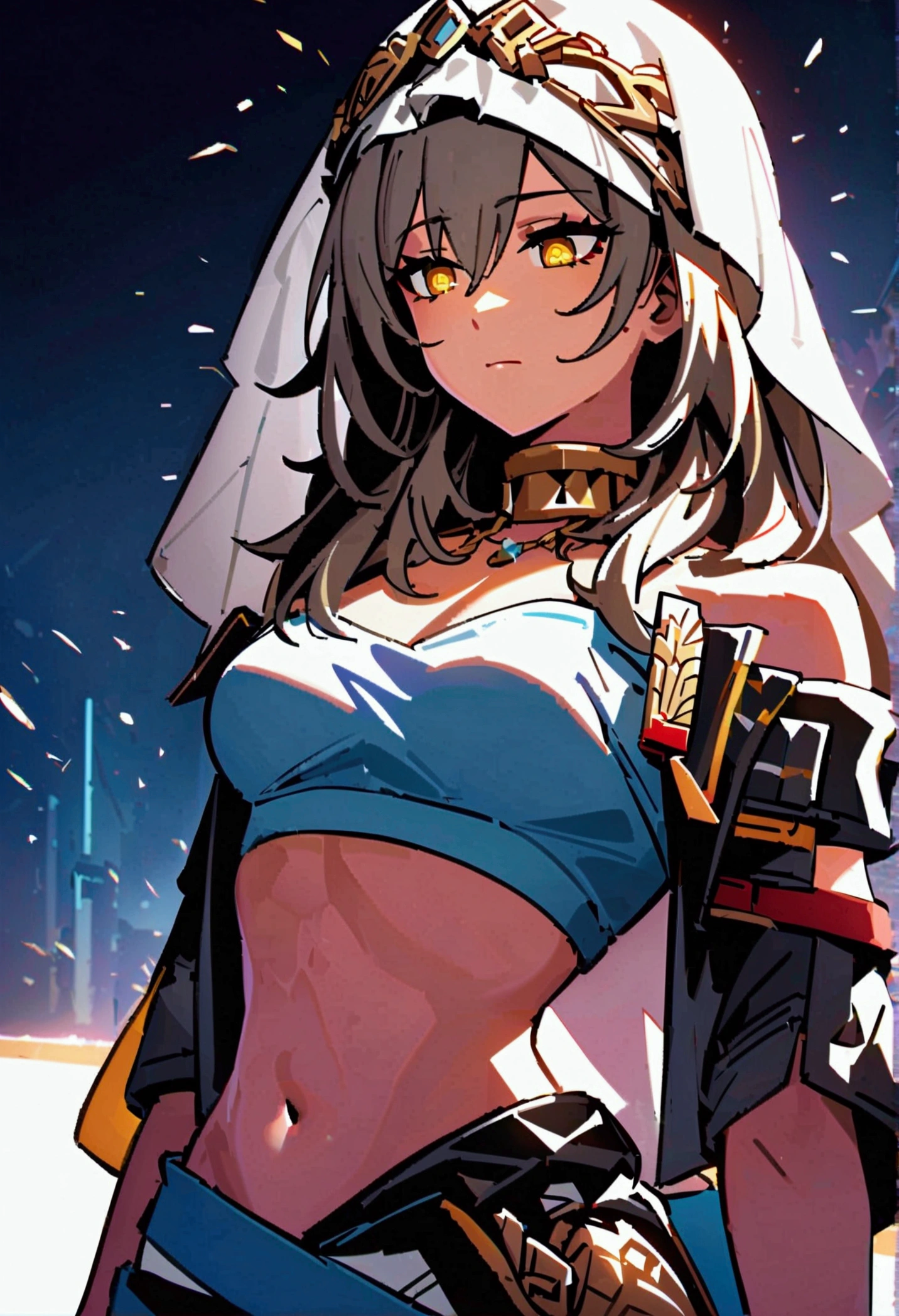 1girl, solo, stelle (honkai: star rail), upper body, looking down, eyeliner, solid ees, sharp eyes, herat-shaped pupils, emotionless, disgusted face, disgusted eyes, very long hair, belly dancer outfit, turban, brancer, brooch, neck ring, circlet, bridal gautles, (crop top), veil, mouth veil, pelvic curtain, stomach, sash, thighlet, dancer, black background, perfect face, perfect hands, perfect fingers, non human fingers, perfect design, perfect detailed eyes, beautiful detailed eyes, top quality, best quality, masterpiece, detailed outfit, super detailed, ultra detailed, highly detailed, cinematic lighting, perfect anatomy, CG:1.9, ultra detailed:1.9, ultra-detailed:1.9, high resolution:1.9, high res:1.9, absurdres:1.9, masterpiece:2, high quality:2, best quality:2, (ultra-detailed), (illustration), (disheveled hair), (beautiful detailed eyes), beautiful, amazing, detailed eyes, (masterpiece), best quality, ((ultra-detailed)), ((an extremely detailed and delicate)), (8k cg wallpaper), (stunning art), ((illustration))