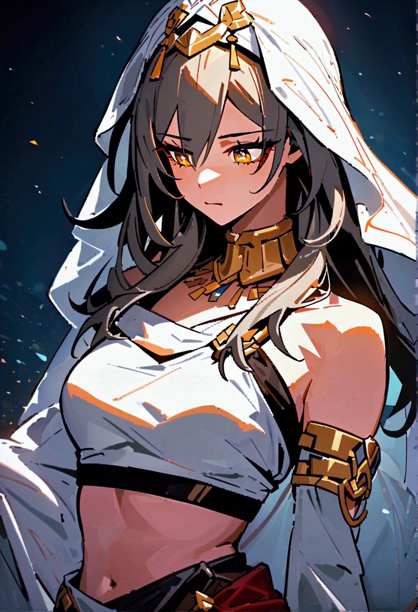 1girl, solo, stelle (honkai: star rail), upper body, looking down, eyeliner, solid ees, sharp eyes, herat-shaped pupils, emotionless, disgusted face, disgusted eyes, very long hair, belly dancer outfit, turban, brancer, brooch, neck ring, circlet, bridal gautles, (crop top), veil, mouth veil, pelvic curtain, stomach, sash, thighlet, dancer, black background, perfect face, perfect hands, perfect fingers, non human fingers, perfect design, perfect detailed eyes, beautiful detailed eyes, top quality, best quality, masterpiece, detailed outfit, super detailed, ultra detailed, highly detailed, cinematic lighting, perfect anatomy, CG:1.9, ultra detailed:1.9, ultra-detailed:1.9, high resolution:1.9, high res:1.9, absurdres:1.9, masterpiece:2, high quality:2, best quality:2, (ultra-detailed), (illustration), (disheveled hair), (beautiful detailed eyes), beautiful, amazing, detailed eyes, (masterpiece), best quality, ((ultra-detailed)), ((an extremely detailed and delicate)), (8k cg wallpaper), (stunning art), ((illustration))