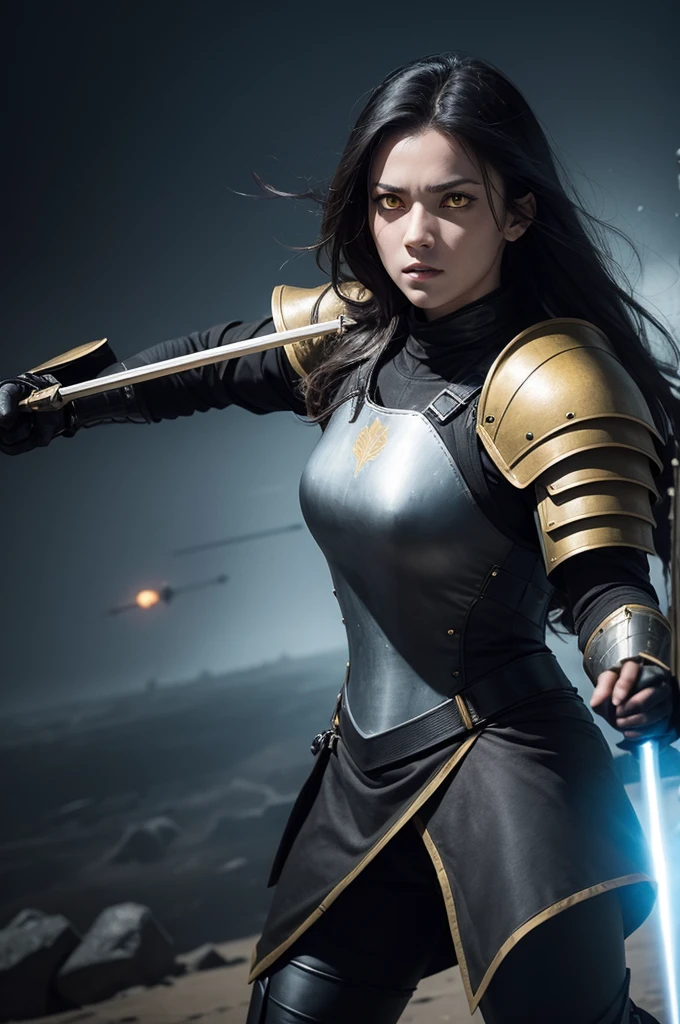 A woman with yellow eyes, dressed in full black armour, wielding a spear, fighting in a space battle.