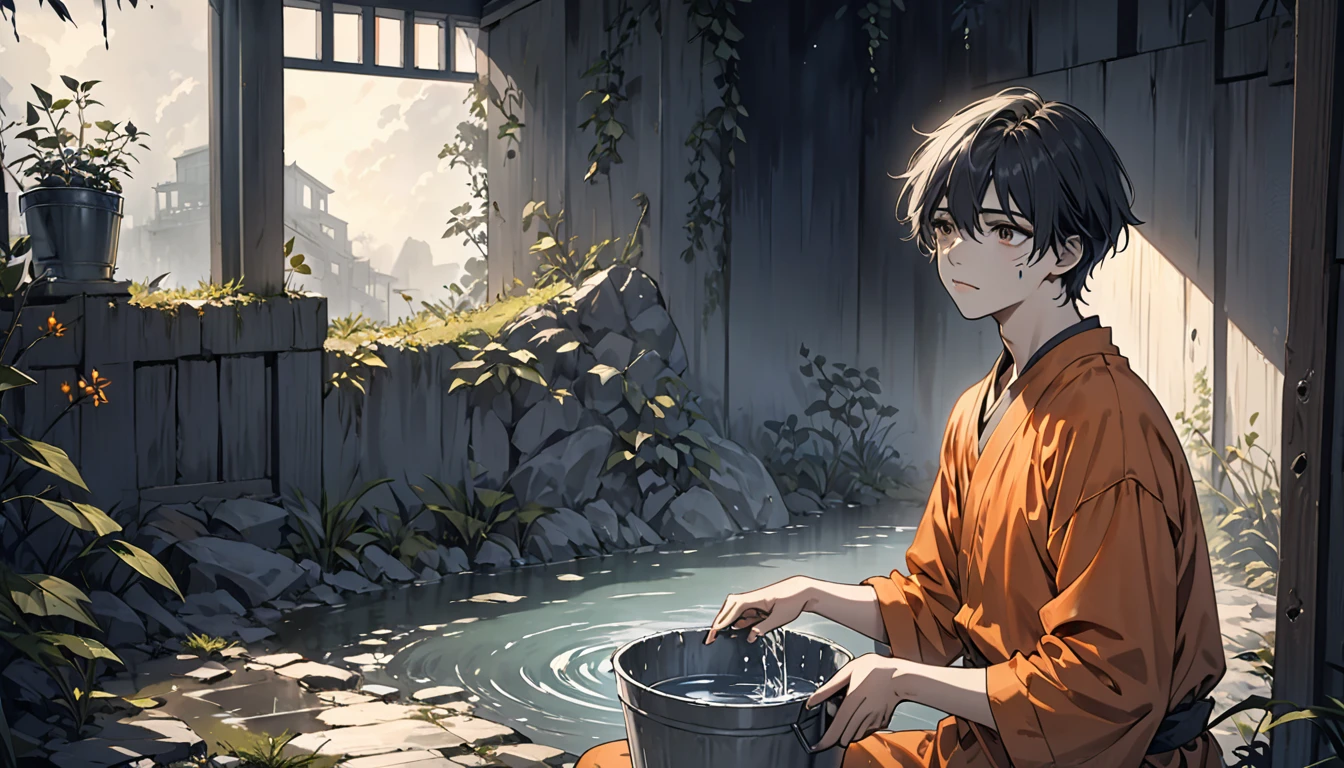 high resolution, An incomparable masterpiece, detailed background, bad lighting, Dark shadows , wonderful depressive expression, Tired look., dirty face, Very beautiful 25 year old boy., eyeliner, takes water from an old gray bucket, he is very thirsty, with typical orange prisoner clothing, It is located in a dark environment, inside it is night and everything looks dark., WITHOUT ANY LIGHT