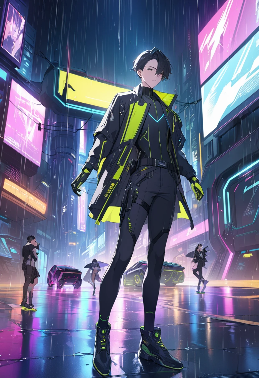 (masterpiece, best quality, high resolution, 32k drive wallpaper, Extremely detailed CG:1), (Weak illustrations on stage:1.0), ((****ung and handsome cyberpunk:1.5 Dancing in the Rain:1.7 )),(( Cyberpunk Night City:1.4)), Neon sign futuristic car,It&#39;s raining in a dark place, ((Wet Clothes Magenta Neon Lights Perfectly Illuminate the Young Man:1.45) . 32k