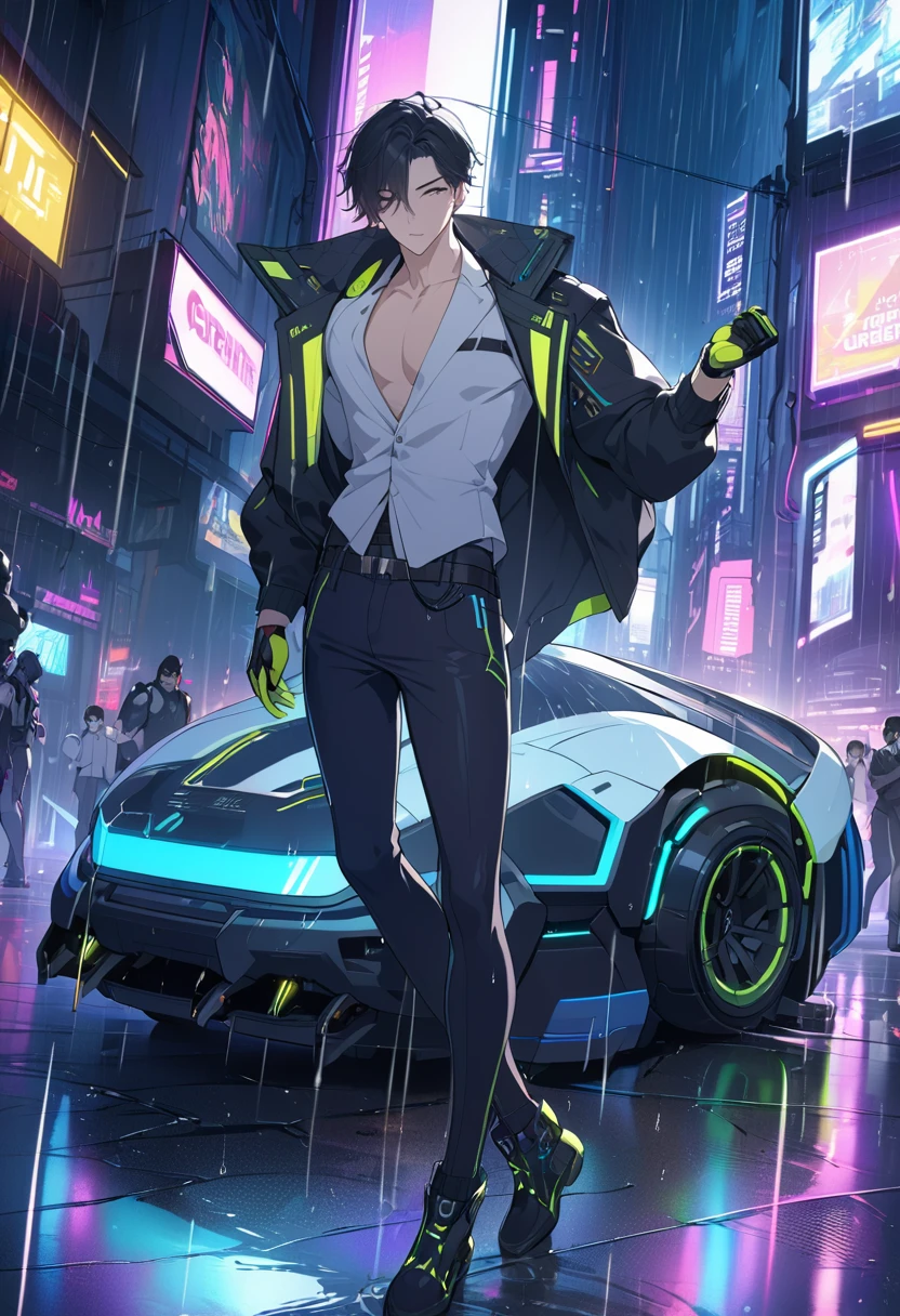 (masterpiece, best quality, high resolution, 32k drive wallpaper, Extremely detailed CG:1), (Weak illustrations on stage:1.0), ((****ung and handsome cyberpunk:1.5 Dancing in the Rain:1.7 )),(( Cyberpunk Night City:1.4)), Neon sign futuristic car,It&#39;s raining in a dark place, ((Wet Clothes Magenta Neon Lights Perfectly Illuminate the Young Man:1.45) . 32k