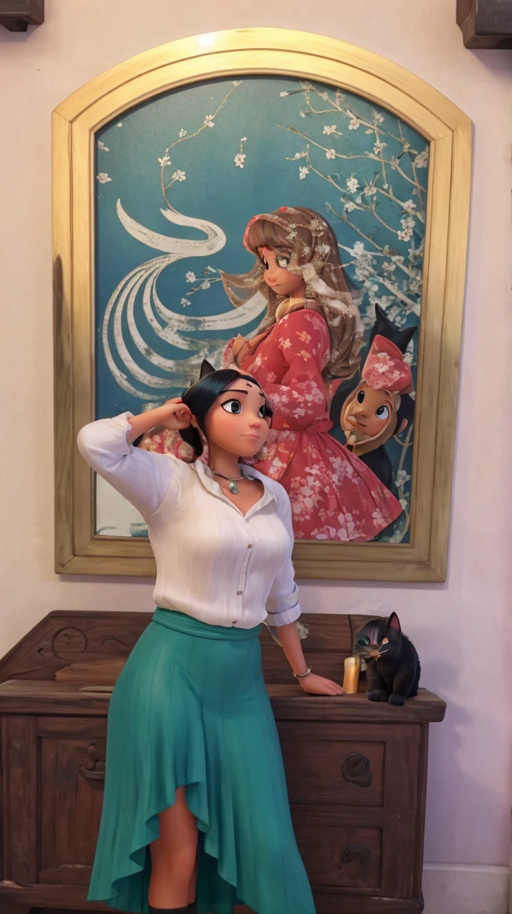 Woman with a black cat with a white spot