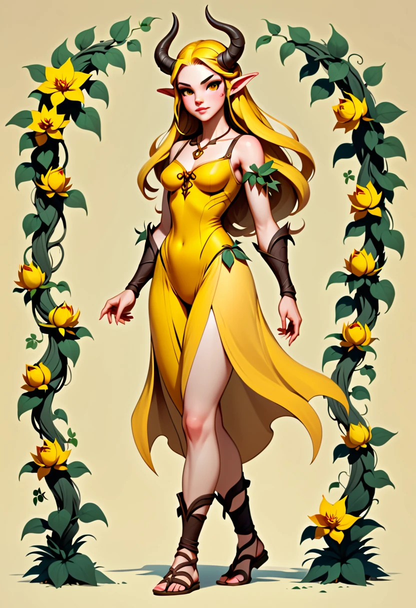 score_9, score_8_up, score_7_up, score_6_up, score_5_up, score_4_up, BREAK source_anime, yellow medieval summer girl, concept, vines on the hand and horns from vines