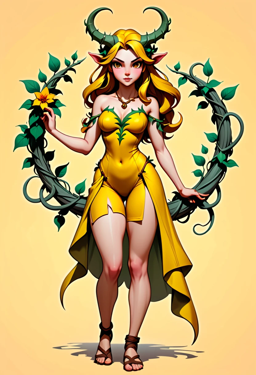 simple style, valorant style,haracter concept art, yellow medieval summer girl, concept, vines on the hand and horns from vines, full body