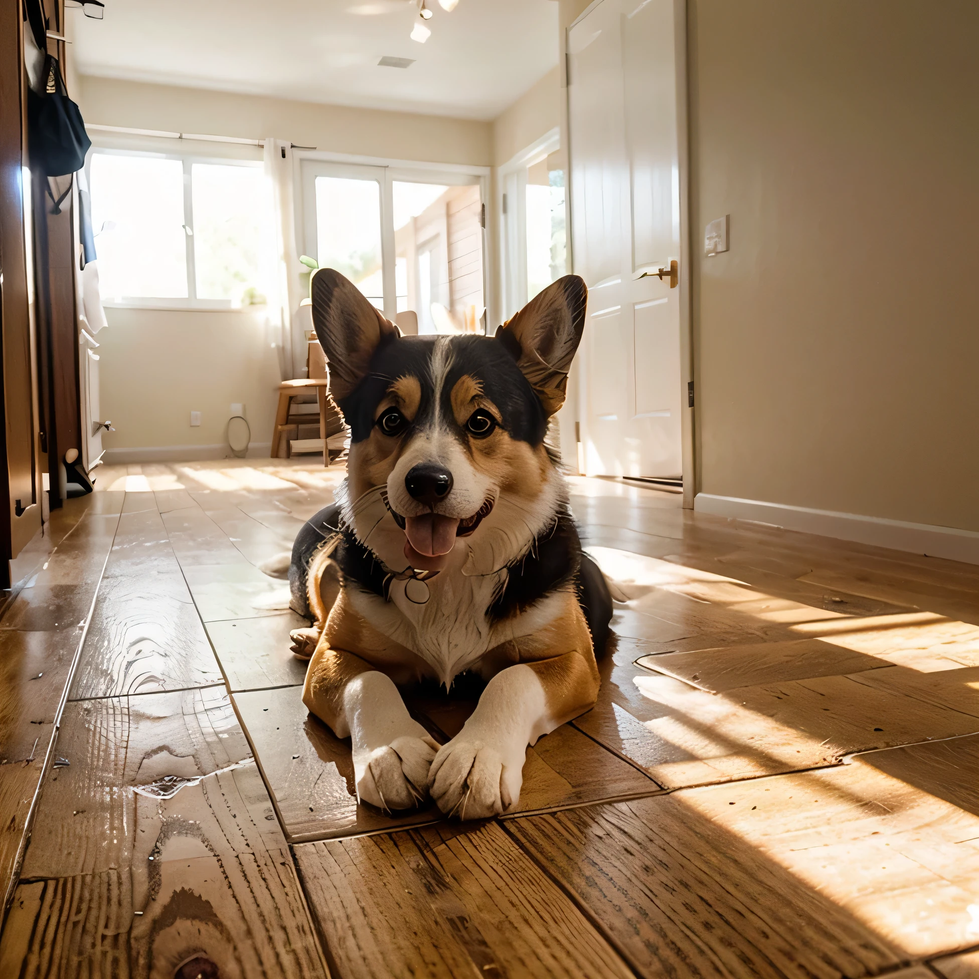 A cute corgi on the ground，Light wood floor，Warm indoor environment，Big scene，Natural light and shadow，Ultra-realistic photographic texture，The overall home style is clean and refreshing，Looking down dog