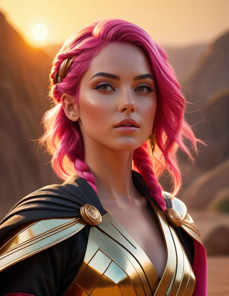 very attractive 25 year old female with long bright pink hair, ((Masterpiece in maximum 16K resolution):1.6), ((vector cartoon illustration:)1.5), ((Vector art):1.4), ((Geometric style and minimalism):1.5), ((Wide angle painting):1.2) | (Cinematic photo of a fighting Female Jedi), (Supermodel beauty with braided bright pink hair and aquiline nose), ((Full body):1.2), ((Jedi Robe):1.2), ((Light Sabre):1.3), ((tyndall effect):1.1), ((golden hour):1.2), ((sense of action):1.1), (shimmer), (visual experience), (Realism), (Realistic), award-winning graphics, dark shot, film grain, extremely detailed, Digital Art, rtx, Unreal Engine, scene concept anti glare effect, All captured with sharp focus. Rendered in ultra-high definition with UHD and retina quality, this masterpiece ensures anatomical correctness and textured skin with super detail. With a focus on high quality and accuracy, this award-winning portrayal captures every nuance in stunning 16k resolution, immersing viewers in its lifelike depiction. Avoid extreme angles or exaggerated expressions to maintain realism. ((perfect_composition, perfect_design, perfect_layout, perfect_detail, ultra_detailed)), ((enhance_all, fix_everything)), More Detail, Enhance. Rendered in ultra-high definition with UHD and retina quality, this masterpiece ensures anatomical correctness and textured skin with super detail. With a focus on high quality and accuracy, this award-winning portrayal captures every nuance in stunning 16k resolution, immersing viewers in its lifelike depiction. Avoid extreme angles or exaggerated expressions to maintain realism. ((perfect_composition, perfect_design, perfect_layout, perfect_detail, ultra_detailed)), ((enhance_all, fix_everything)), More Detail, Enhance.